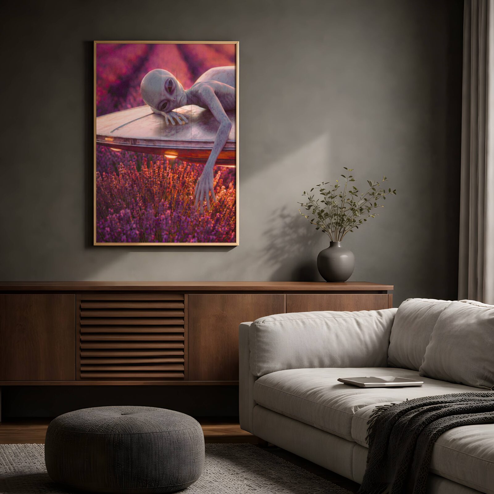 Richly atmospheric warm retro portrait of a grey alien lying face-down on a hovering spacecraft above an endless glowing lavender field, golden craft light illuminating the purple blooms beneath him in a quietly breathtaking sci-fi nature scene – unframed retro sci-fi art poster, ufoposter.com