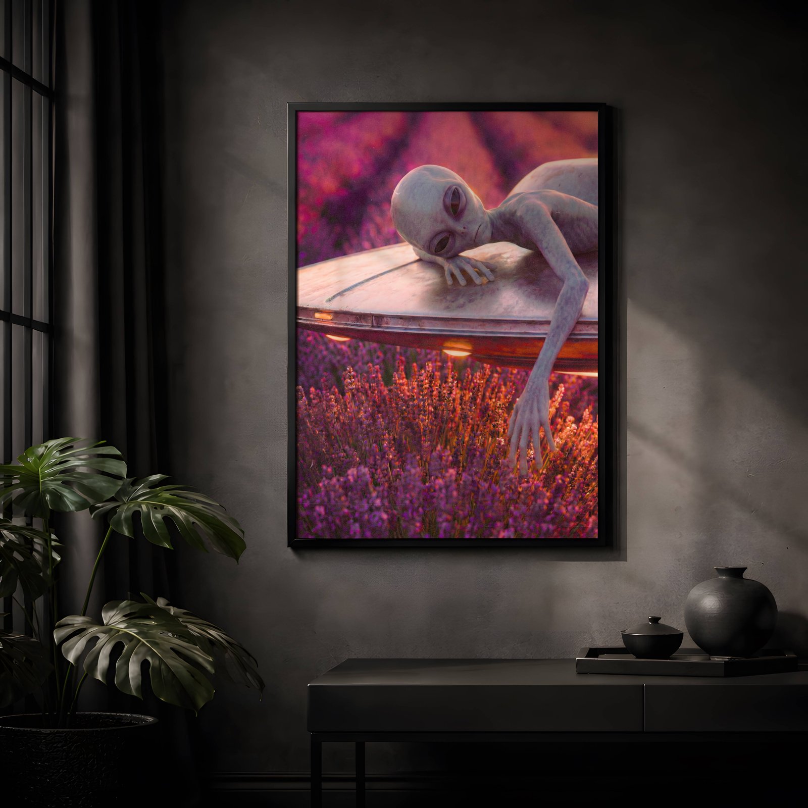Deeply dreamy warm retro artwork of a grey alien stretched out in total relaxation across the curved top of his own glowing UFO, long fingers dangling over the edge into rich purple lavender blooms below — the most serene parking spot in the known universe – unframed retro alien wall poster, ufoposter.com