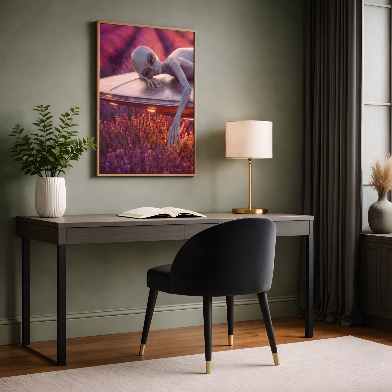 Bold warm purple retro sci-fi artwork of a grey alien lying in total relaxation across the top of his glowing UFO above a vast lavender field, a uniquely beautiful and deeply distinctive alien art print for any wall – unframed retro sci-fi statement poster, ufoposter.com