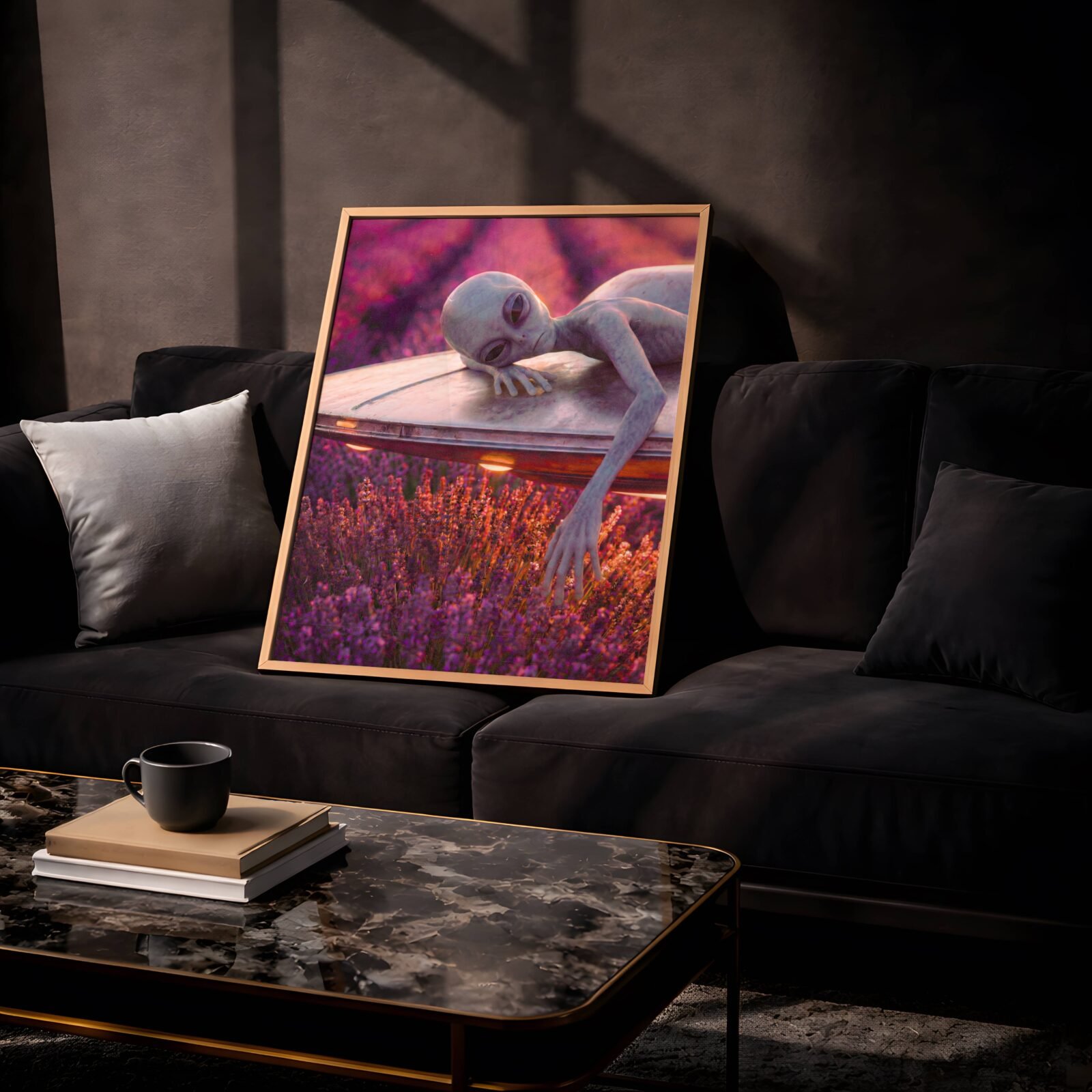 Angled warm retro shot of a grey alien draped lazily over the curved top of a glowing UFO, long fingers reaching down toward the purple lavender blooms lit by the craft's warm golden underlight – unframed retro sci-fi wall poster, ufoposter.com
