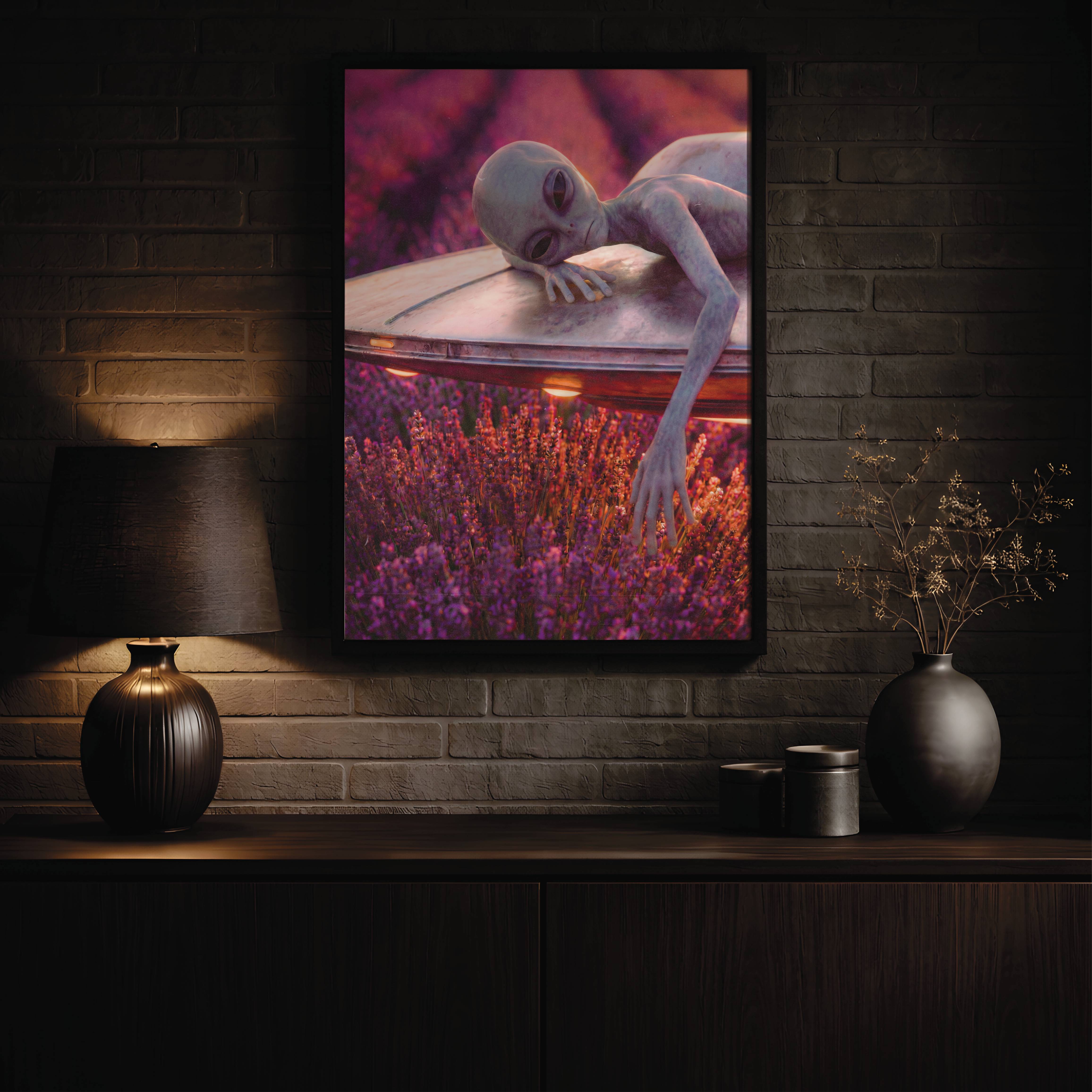 Cinematic warm retro portrait of a grey alien resting face-down on top of his spacecraft above a glowing purple lavender field, arms hanging lazily over the edge of the humming craft in evening light – unframed sci-fi art poster, ufoposter.com