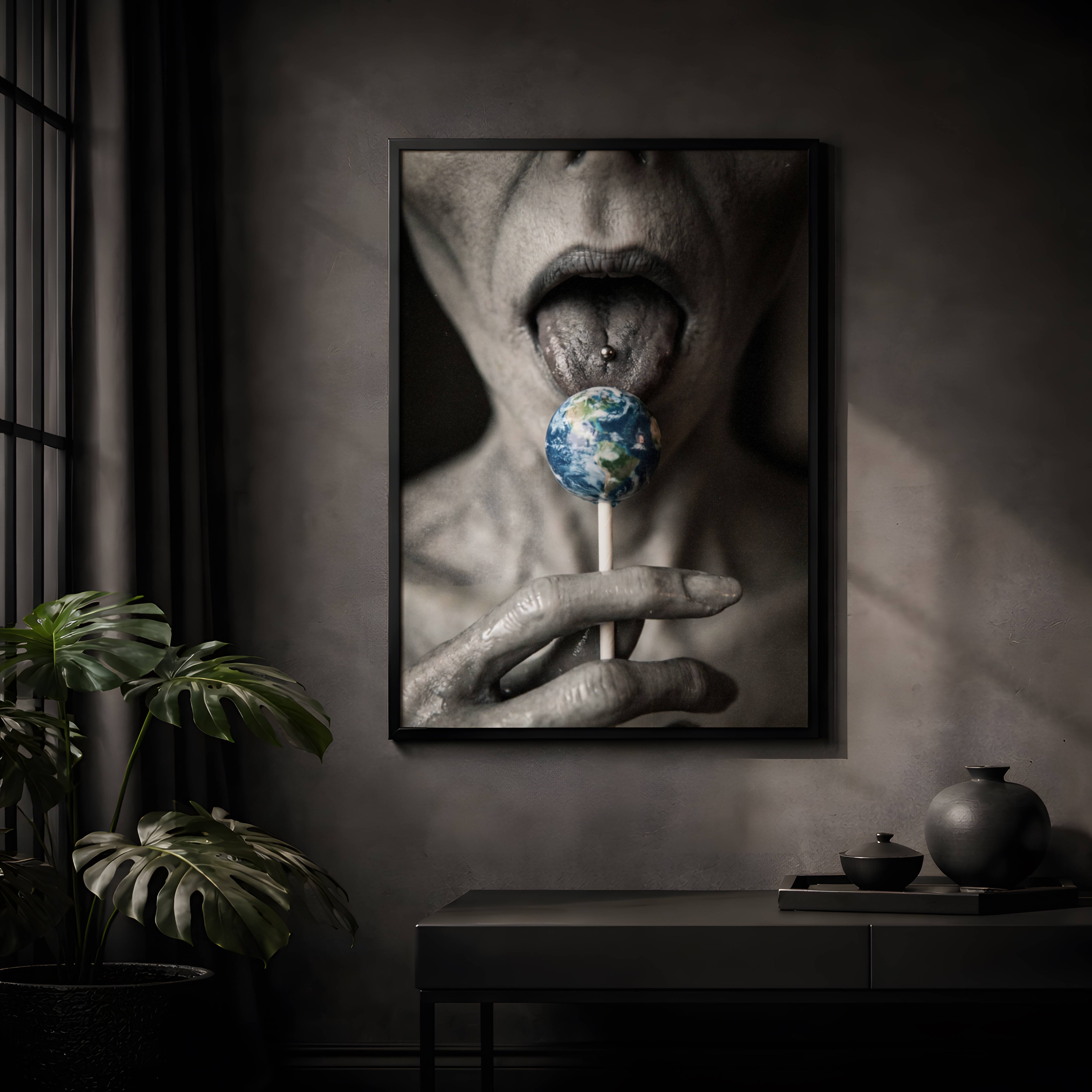 Cinematic dark close-up of a grey alien's mouth and hands clutching an Earth-shaped lollipop to a pierced tongue, the vivid blue and green globe contrasting sharply against the cold monochrome alien skin – unframed dark alien wall poster, ufoposter.com