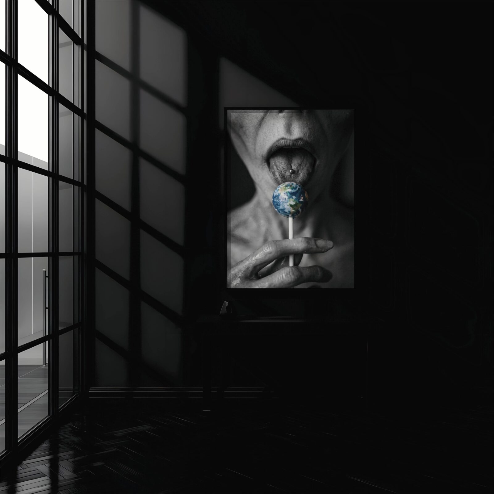 Deeply unsettling dark monochrome artwork of a grey alien with a tongue piercing licking a globe lollipop with long bony fingers, blending dark humour with sci-fi horror in a striking close-up portrait – unframed alien art poster, ufoposter.com