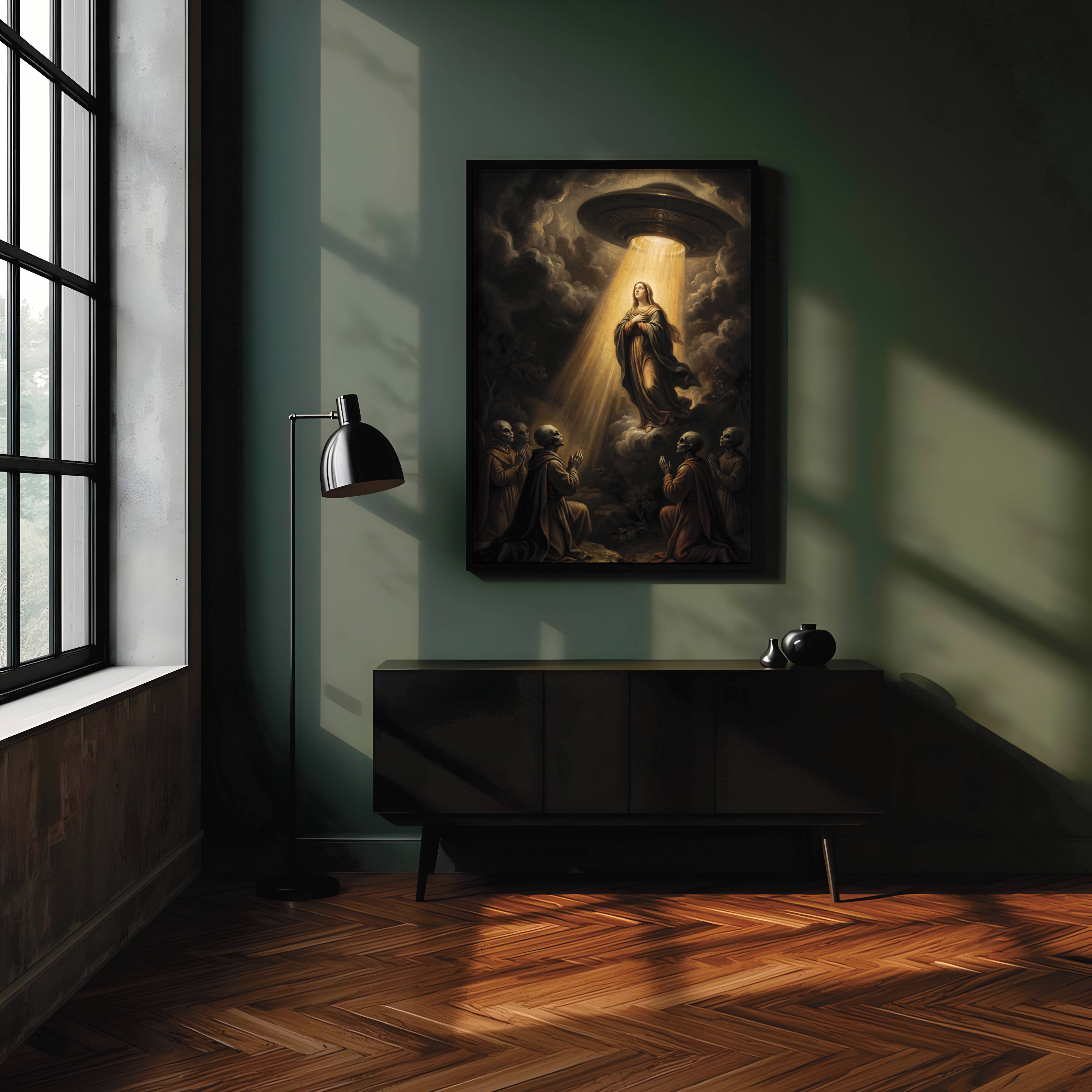 Dark baroque-style painting of the Virgin Mary ascending in a golden beam of light from a hovering UFO while grey aliens kneel in worship below – unframed dark alien wall poster, ufoposter.com