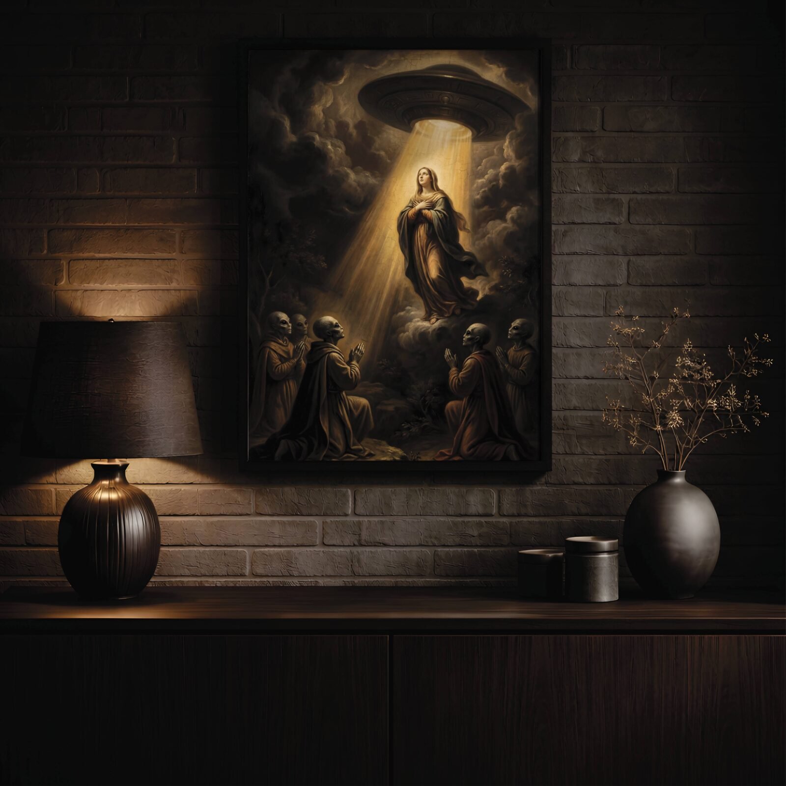 Haunting old master painting reimagining the Assumption of Mary with a UFO as the divine source of light, surrounded by kneeling alien figures in robes beneath stormy skies – unframed dark sci-fi art poster, ufoposter.com