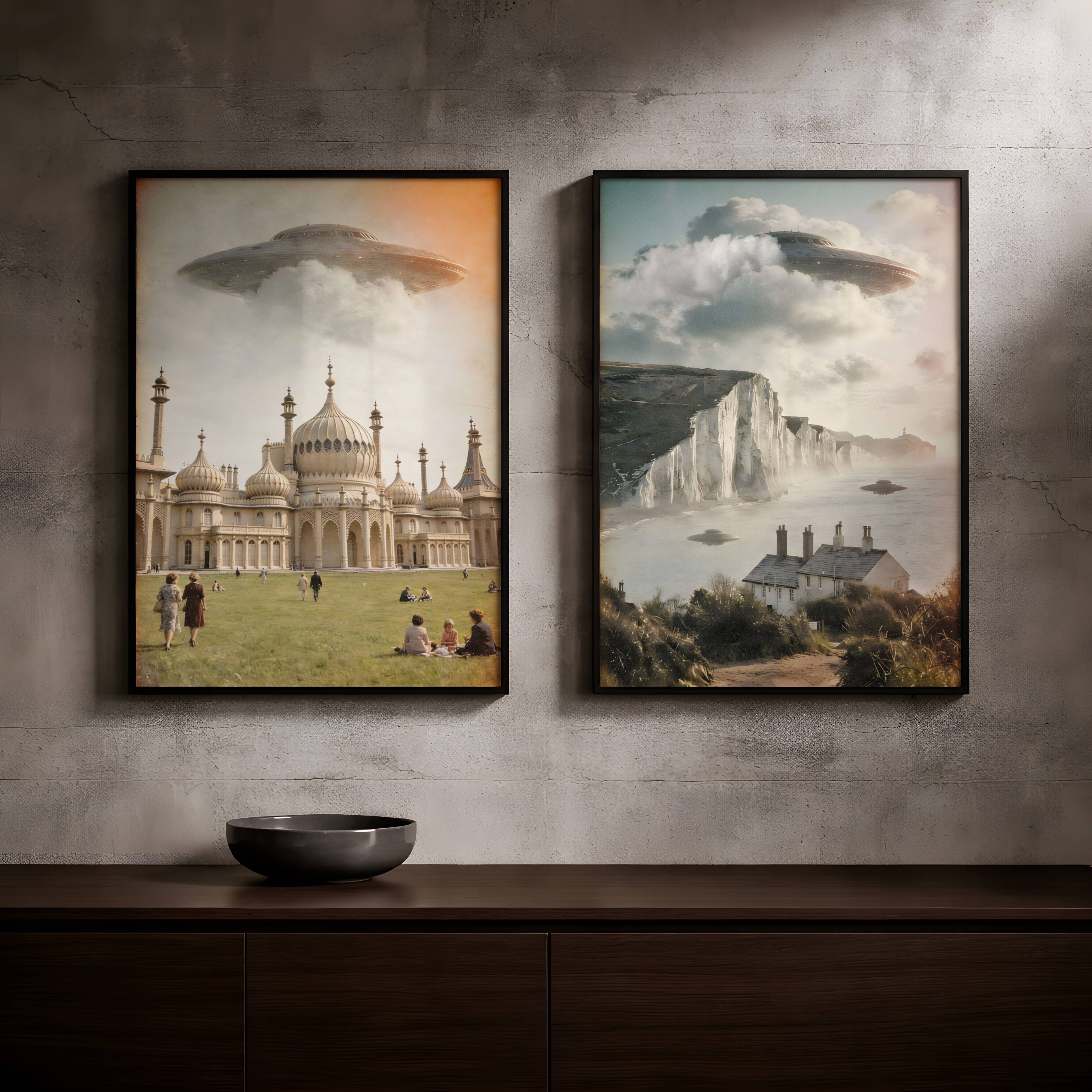 Cinematic retro two-poster set of beloved British coastal and countryside landmarks visited by UFOs, warm-toned and atmospheric – the perfect sci-fi wall art collection for UK landscape lovers and alien enthusiasts alike – unframed retro alien poster set, ufoposter.com