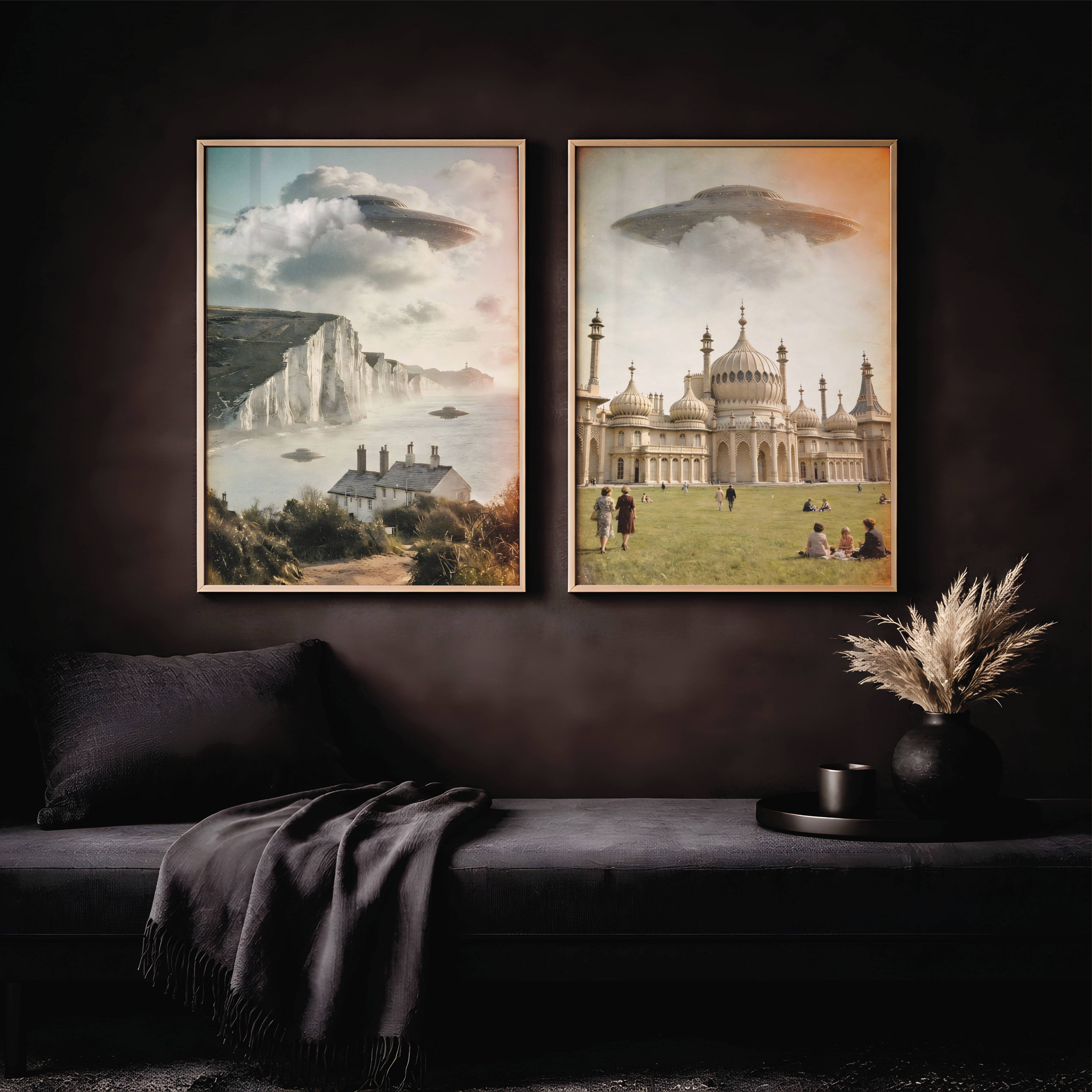 Warm vintage retro poster duo featuring iconic British landscapes interrupted by hovering UFOs – dramatic chalk cliffs, coastal cottages and misty Channel waters beneath giant spacecraft in golden hazy skies – unframed retro sci-fi poster set, ufoposter.com