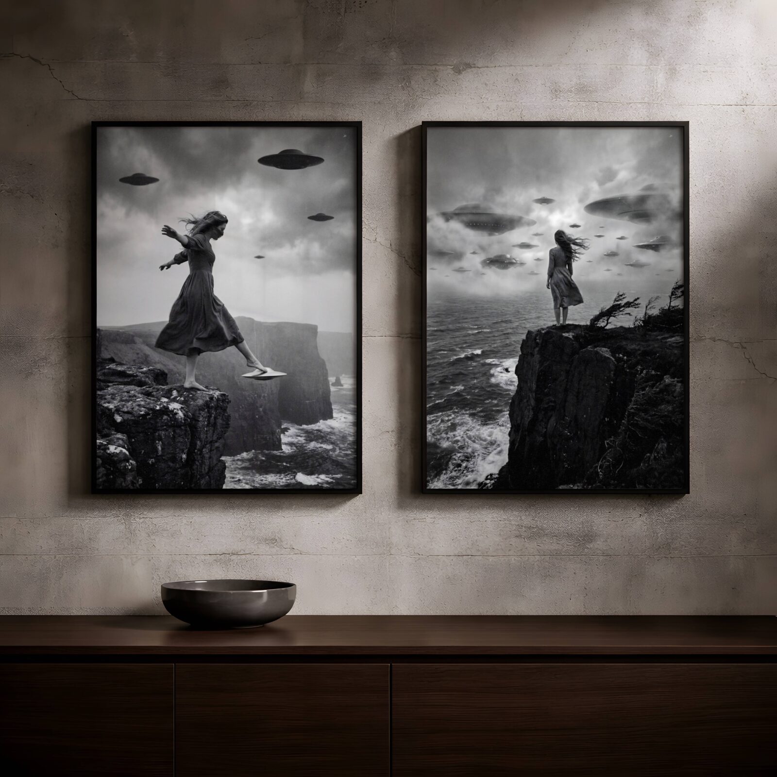 Haunting black and white surreal poster collection of women caught in UFO encounters across dramatic landscapes – floating in tractor beams, swinging from alien craft above misty valleys, and being taken from fog-filled wilderness under stormy clouds – unframed dark alien art poster set, ufoposter.com