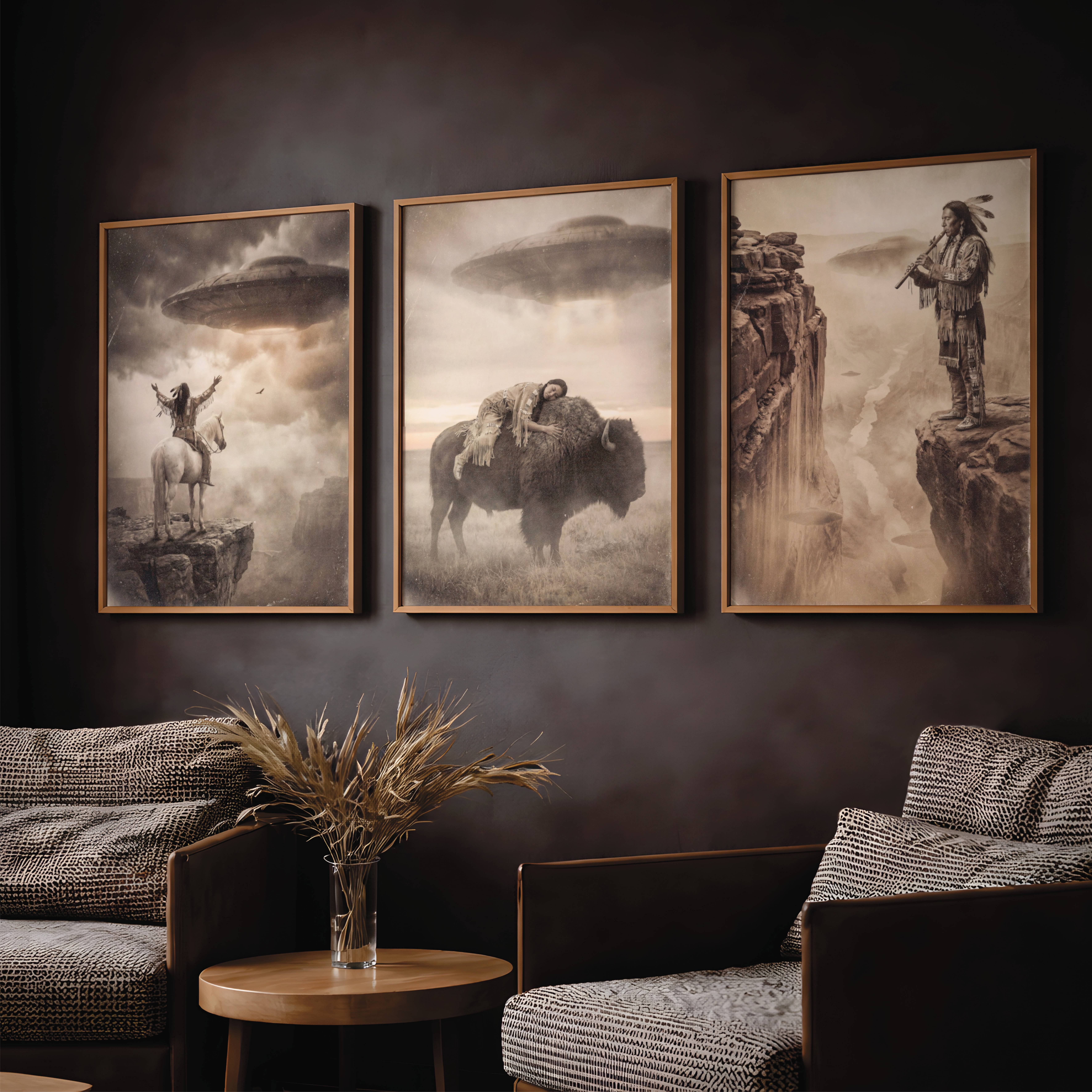 Haunting sepia-toned poster duo of a Native American warrior on horseback confronting a UFO over open plains, alongside a solitary rider on a dramatic clifftop reaching toward a hovering alien craft in stormy skies – unframed dark sci-fi poster set, ufoposter.com