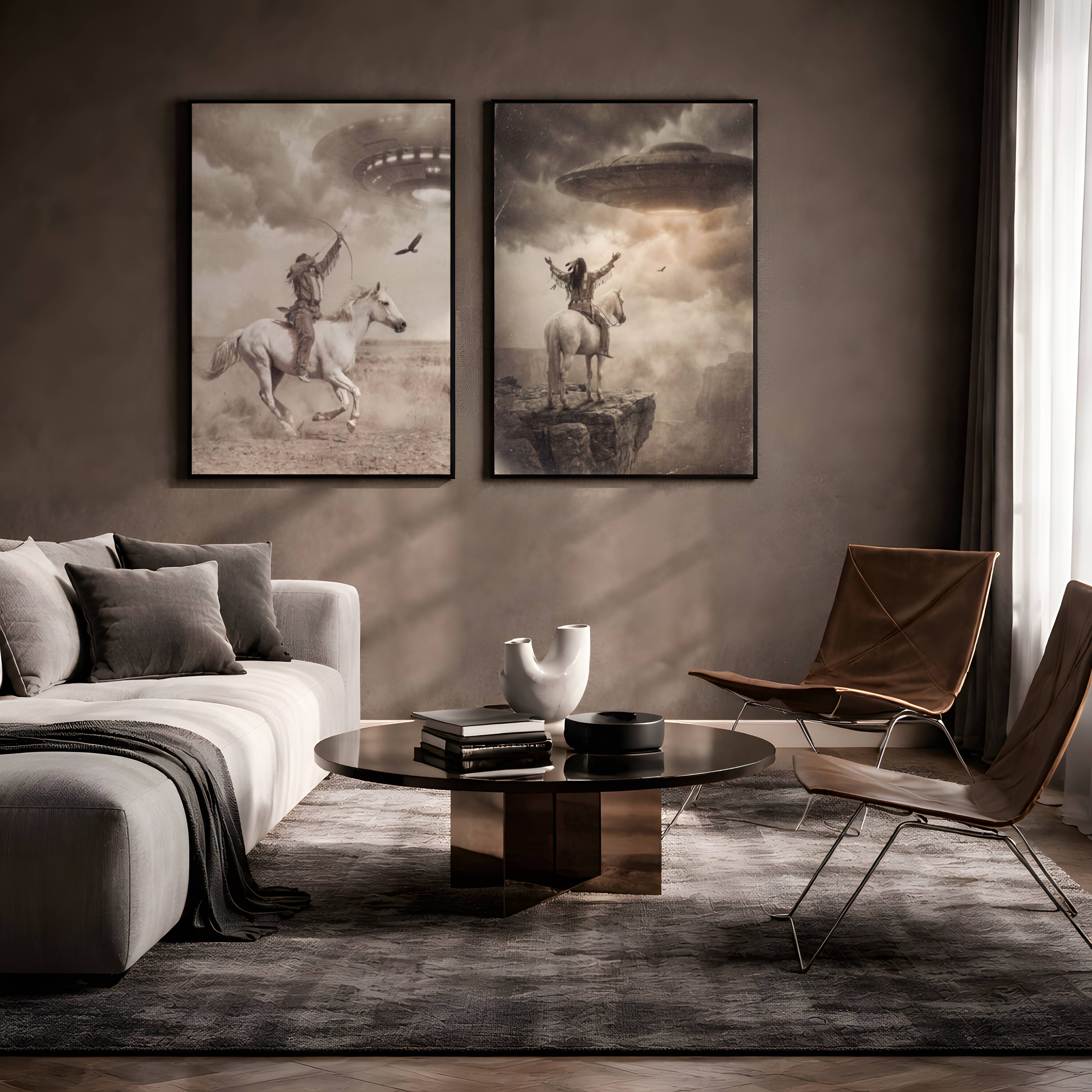 Dark sepia-toned poster set depicting a Native American warrior on horseback shooting an arrow at a UFO, and a second figure raising arms toward a hovering spacecraft from a cliff edge – unframed dark wall art posters, ufoposter.com