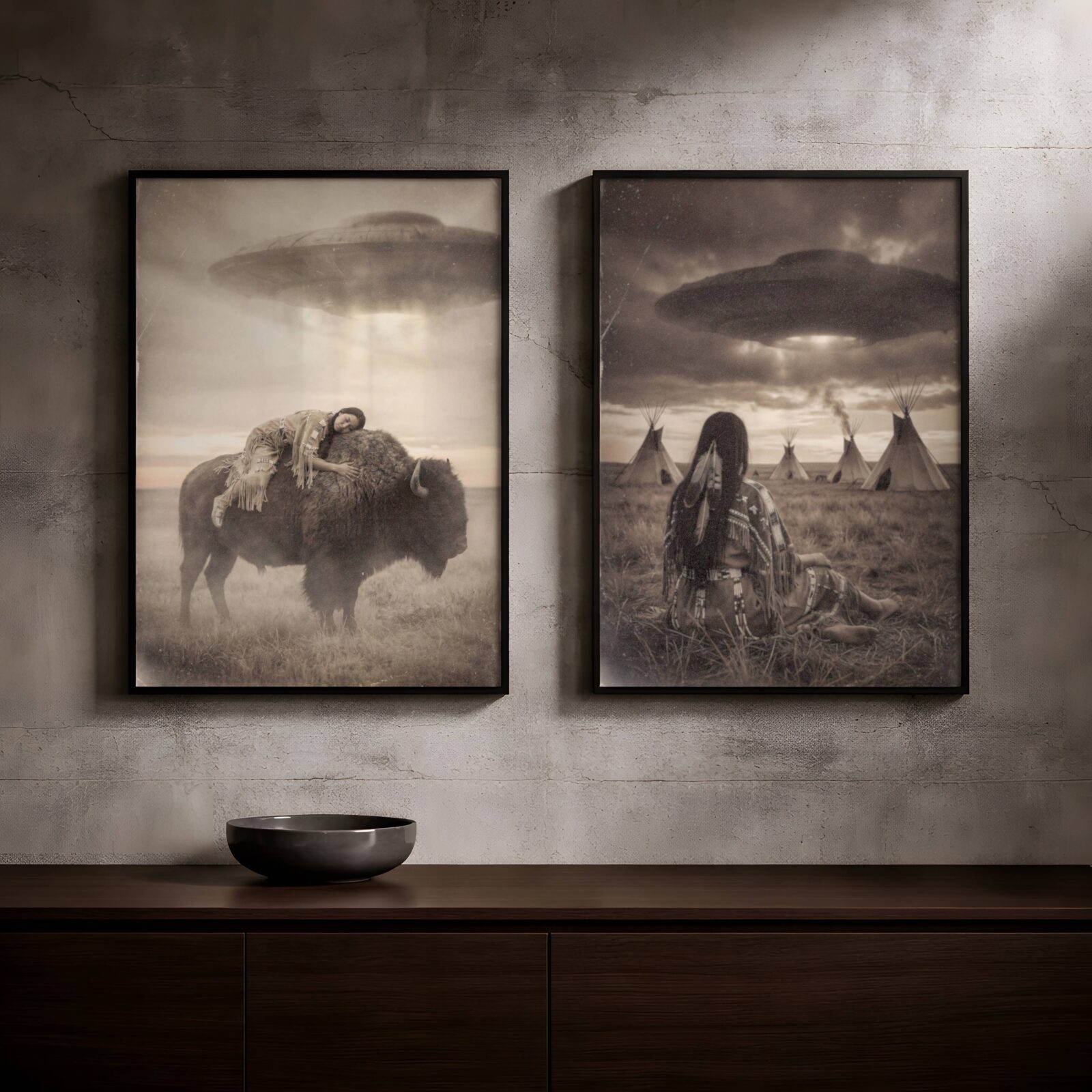 Moody vintage-style duo of posters showing a Native American rider on a galloping horse beneath a UFO in dusty plains, paired with a warrior on horseback atop a rocky cliff greeting an alien craft in stormy skies – unframed sci-fi wall poster set, ufoposter.com