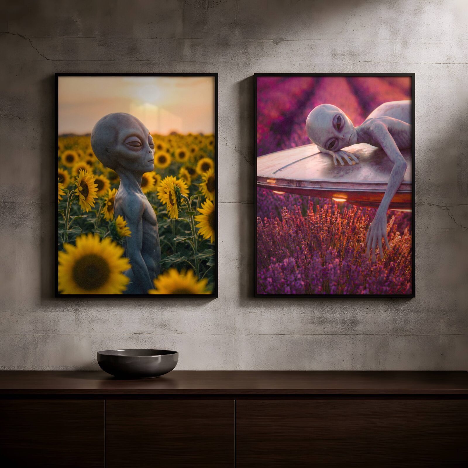 Beautifully atmospheric warm retro two-poster set of grey aliens taking their time on Earth — one standing serenely among vibrant yellow sunflowers in golden amber light, the other resting contentedly on top of his spacecraft above a glowing purple lavender field — the most peaceful sci-fi wall art in the universe – unframed retro alien nature poster set, ufoposter.com