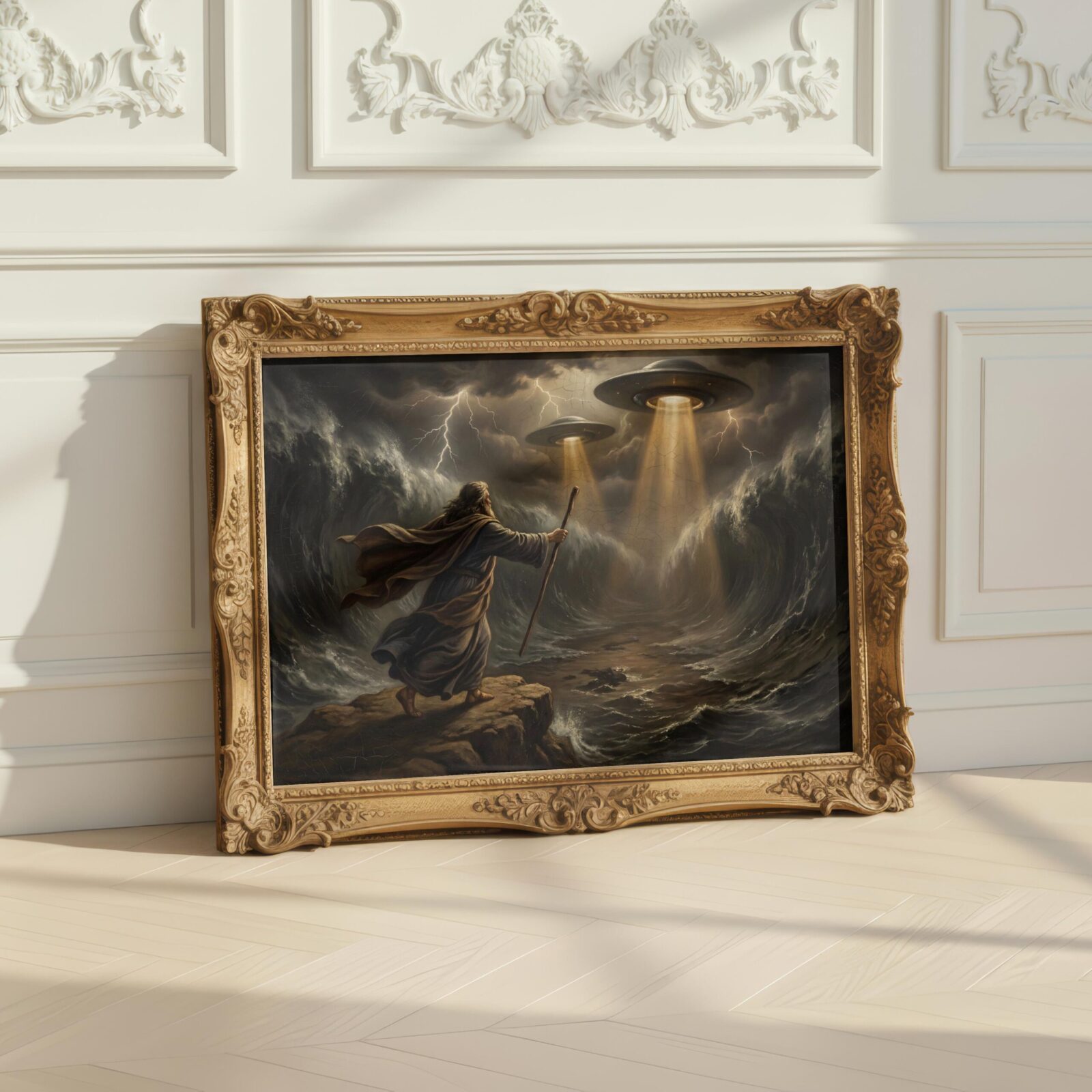 Ancient alien art print — renaissance Moses parting Red Sea with two UFOs and lightning bolts