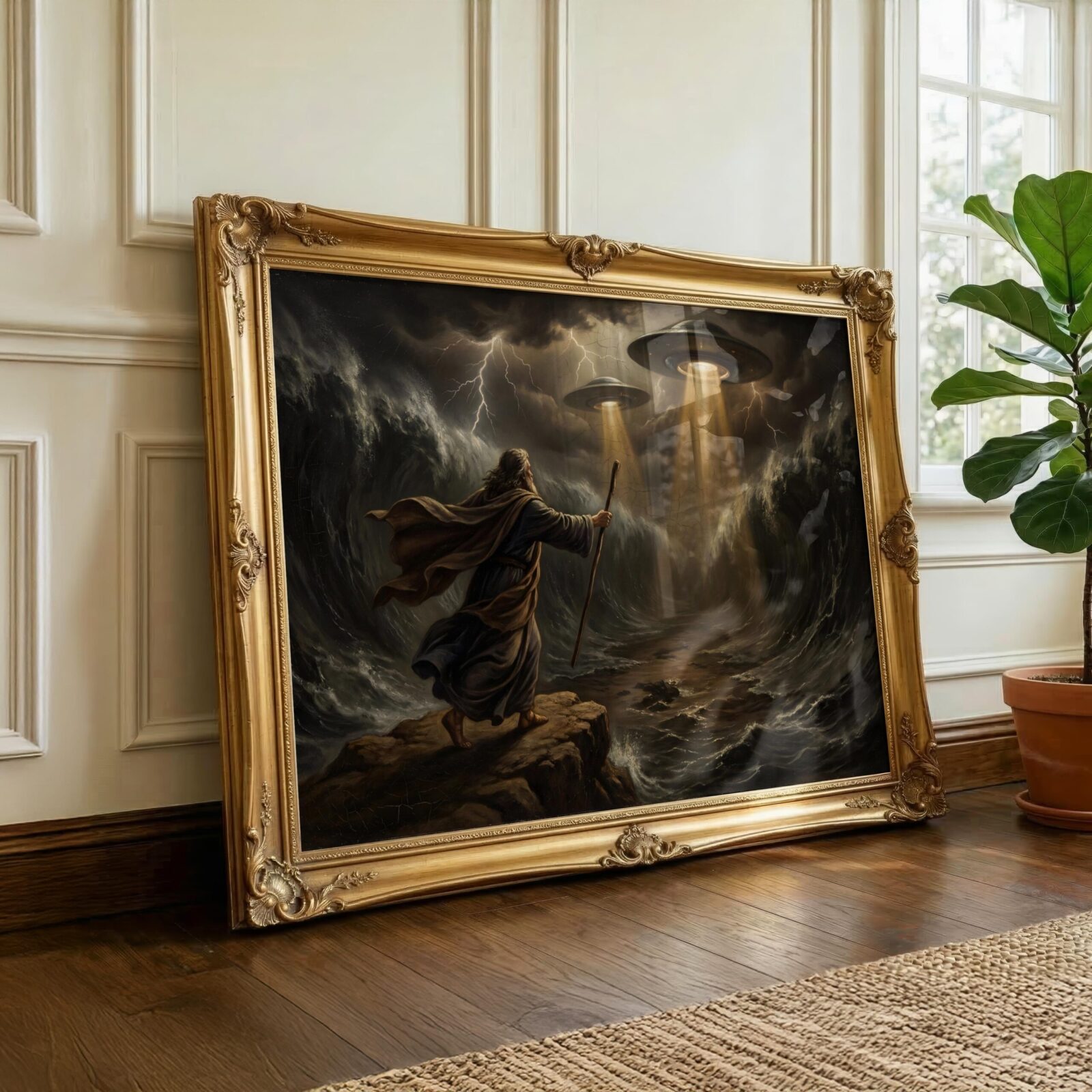 Biblical UFO wall art — Old Master style Moses and Red Sea with two extraterrestrial crafts