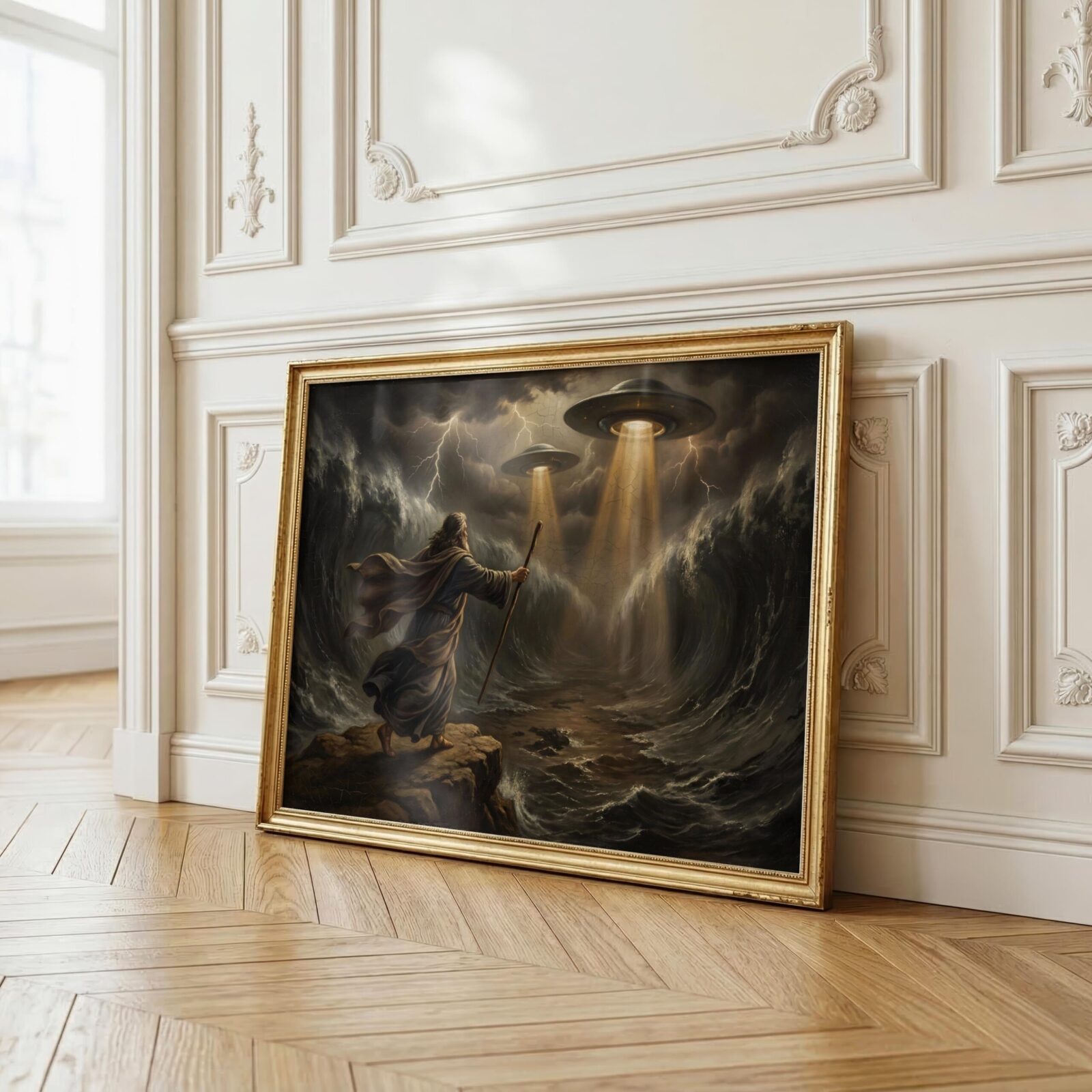 Dark renaissance art print — Moses parting Red Sea with two flying saucers and lightning storm