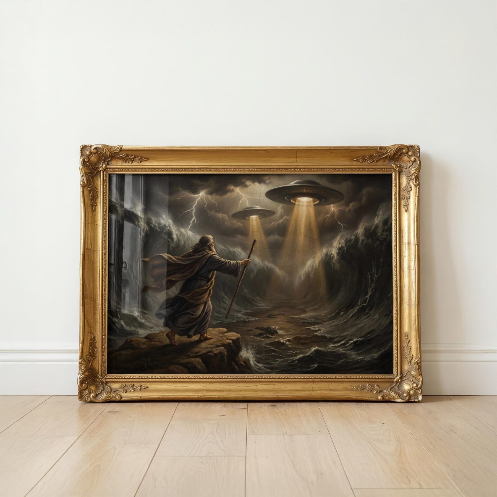 Moses biblical UFO art print — dark renaissance painting with two UFOs parting the Red Sea