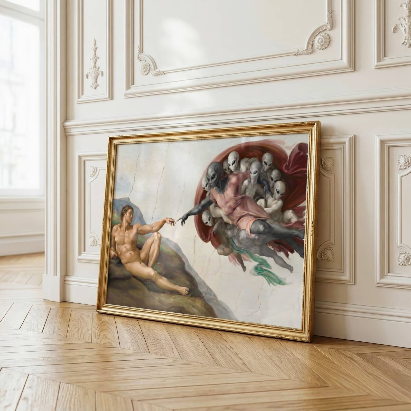 Breathtakingly composed oil-style artwork of Adam reaching his finger toward a grey alien in Michelangelo's iconic Sistine Chapel composition, a cluster of grey aliens in flowing crimson and rose robes surrounding the central figure in a pale cracked canvas old master style — deeply provocative dark religious sci-fi wall art – unframed dark Sistine alien wall poster, ufoposter.com