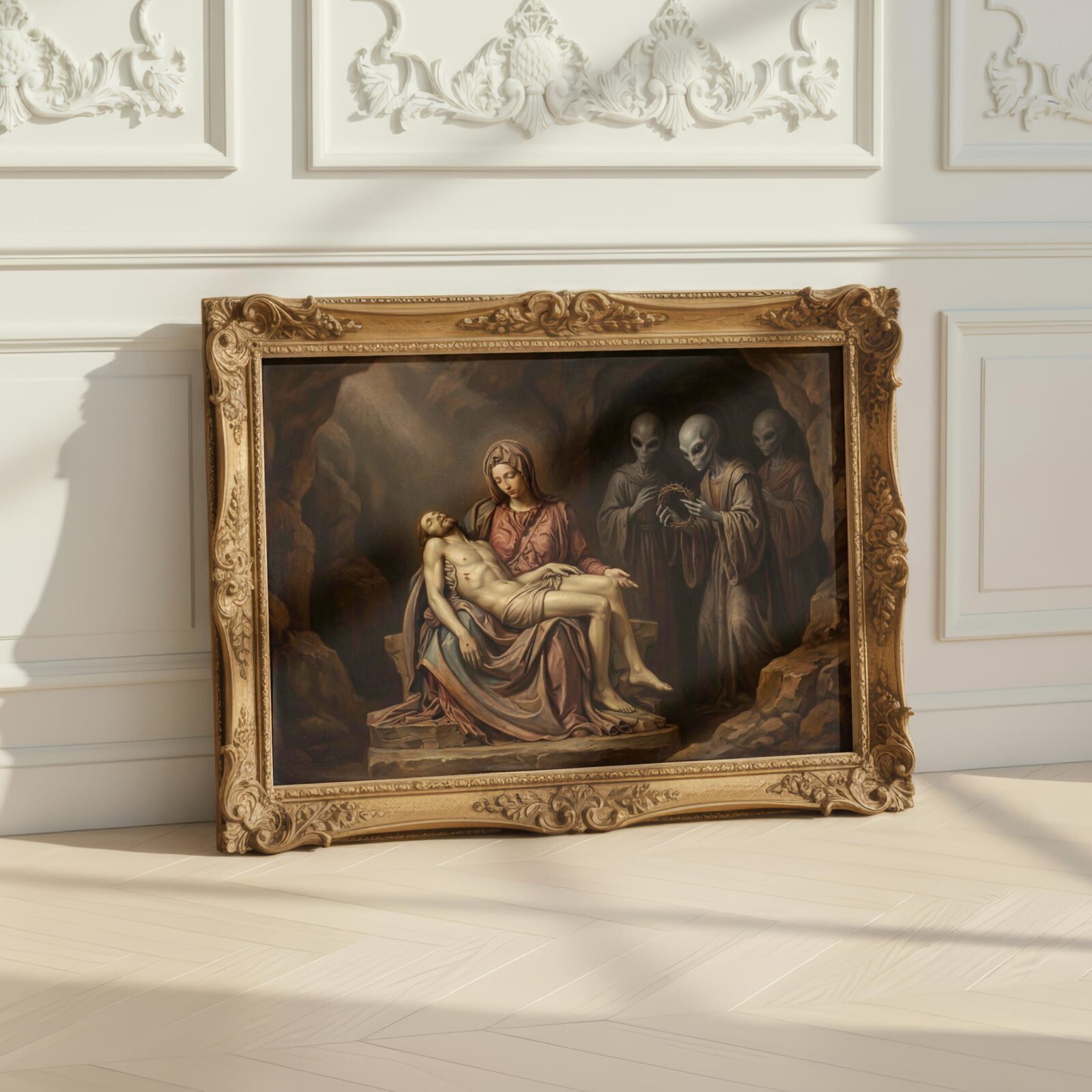 Ancient alien art print — renaissance style Pietà with grey aliens in shadows