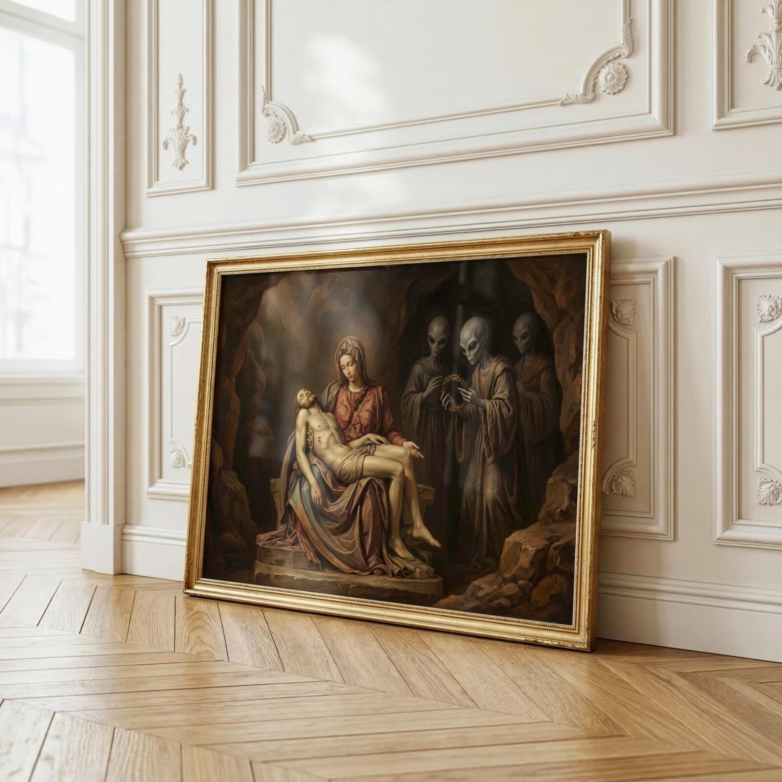 Surreal religious art print — alien witnesses at the Pietà, dark cave setting
