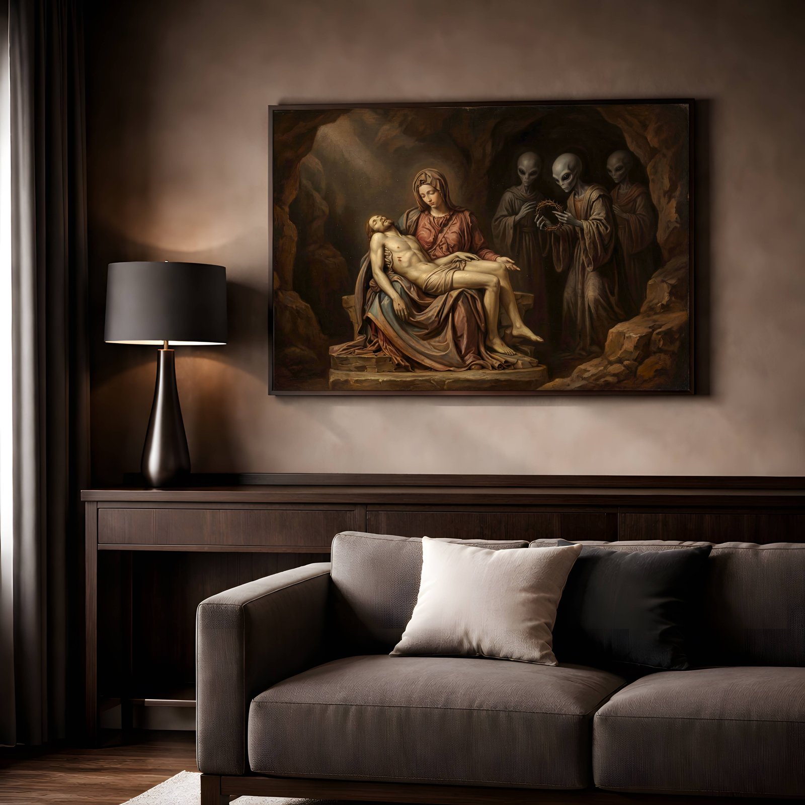 Moody baroque-inspired painting of the Pietà scene with alien figures holding a crown of thorns in a dark cave setting – unframed living room wall poster, ufoposter.com