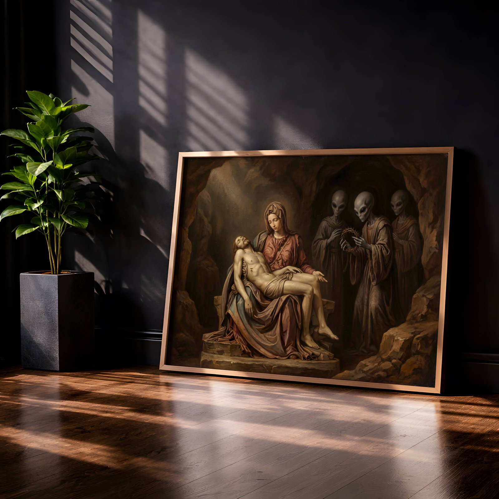 Thought-provoking dark painting reimagining a Renaissance Pietà with grey aliens as silent witnesses, painted in old master technique – unframed alien art poster, ufoposter.com