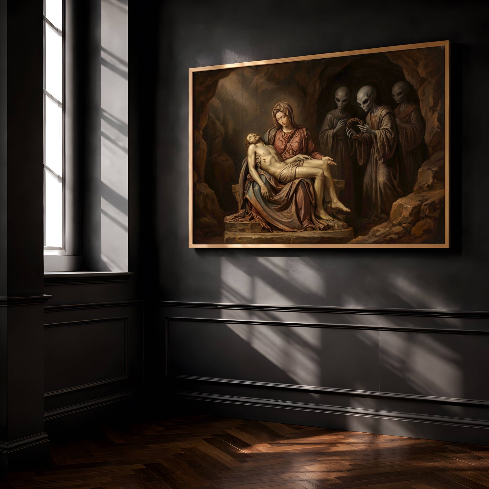 Dark oil-style painting reimagining the Pietà with grey aliens witnessing the mourning scene in a cave – unframed wall art poster for living room decor, ufoposter.com