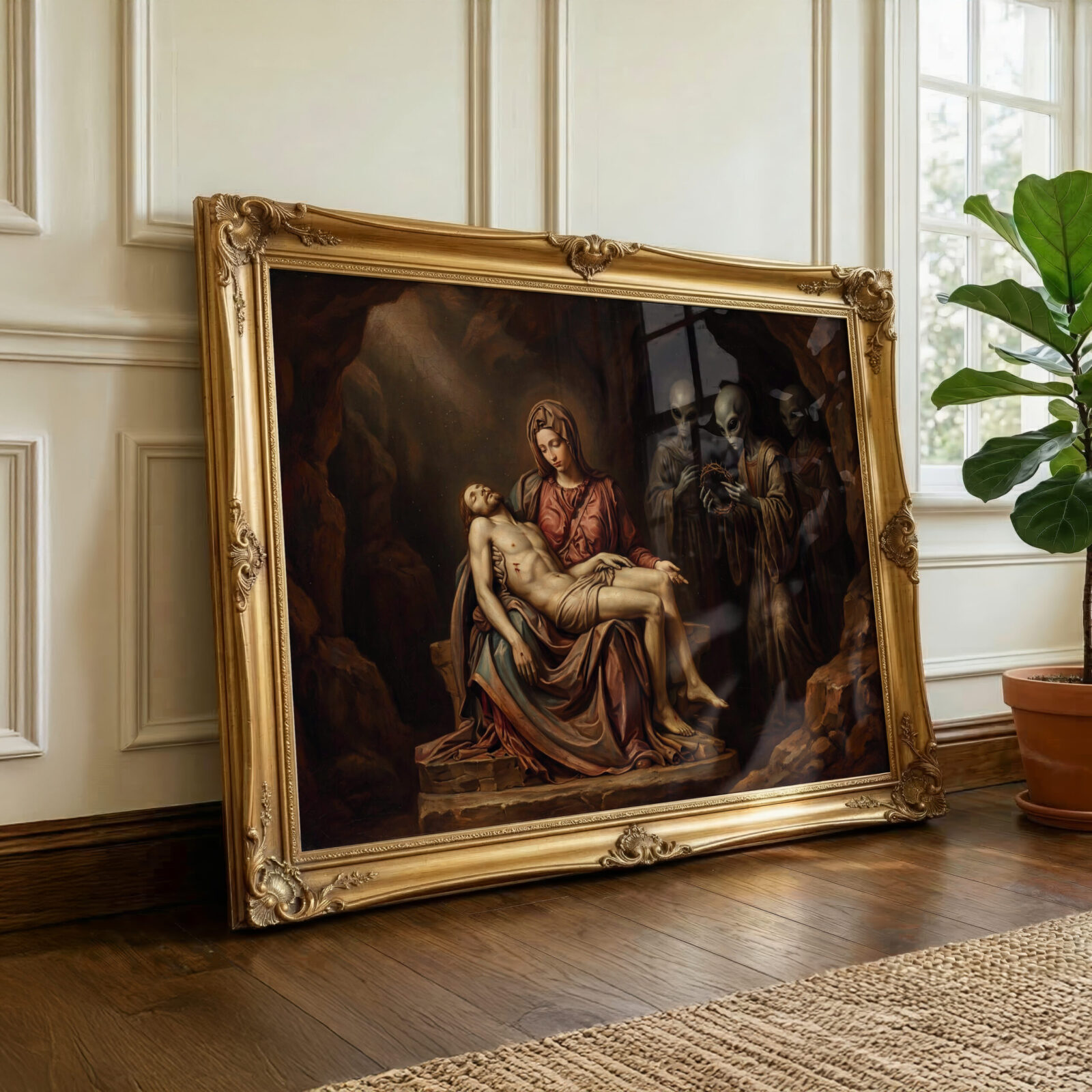 Biblical UFO wall art — Old Master style Pietà with extraterrestrial beings