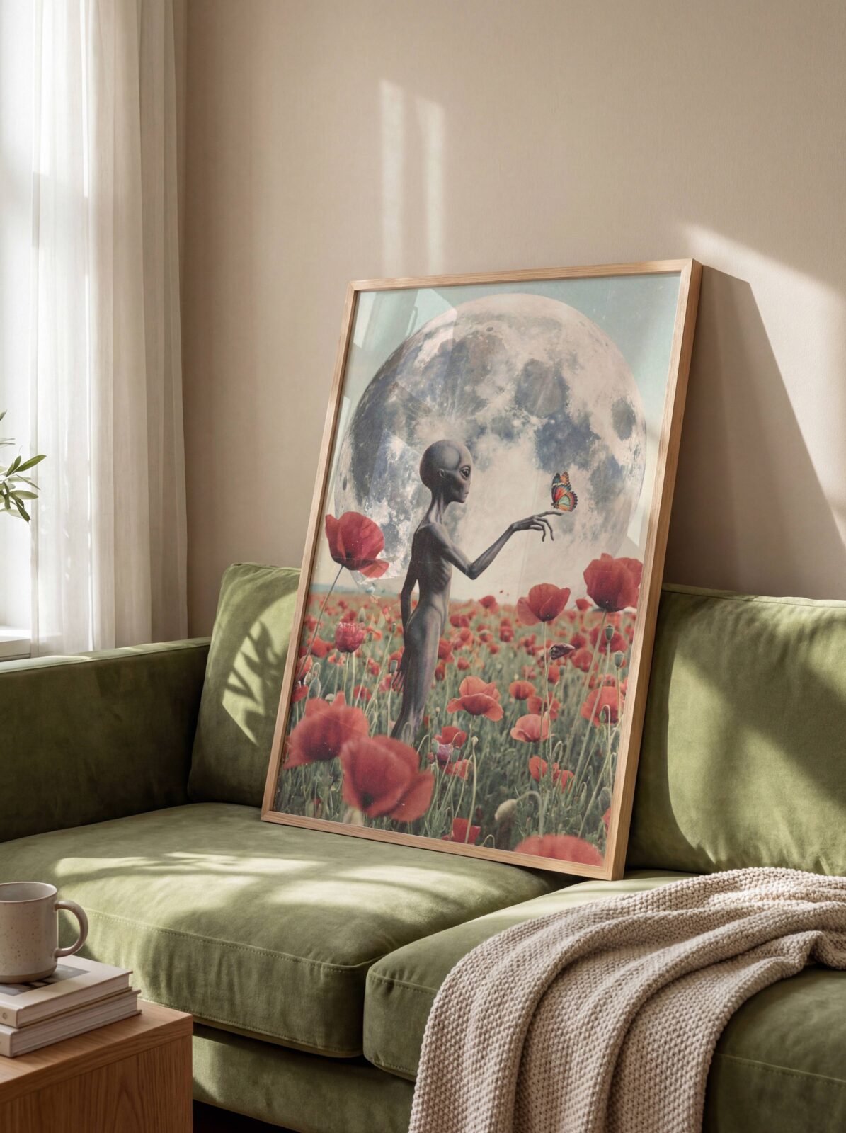 Breathtaking dreamy retro artwork of a grey alien in a vast red poppy field beneath a huge full moon, a butterfly resting on one outstretched finger — a romantically beautiful and distinctive alien wall art print perfect for living room decor – unframed retro alien poster for living room, ufoposter.com