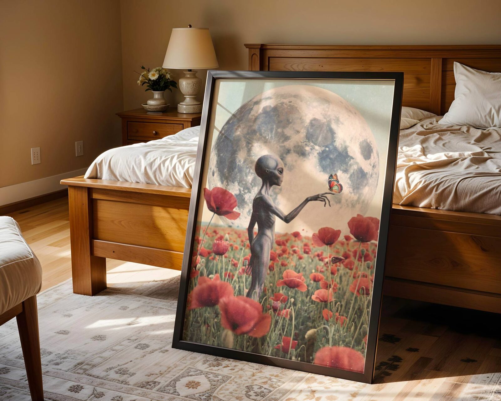 Warm dreamy retro artwork of a grey alien standing in a vast red poppy field beneath a huge full moon, gently extending one finger toward a colourful butterfly in a quietly romantic and surreal sci-fi composition — a beautiful alien art print for bedroom decor – unframed retro alien bedroom poster, ufoposter.com
