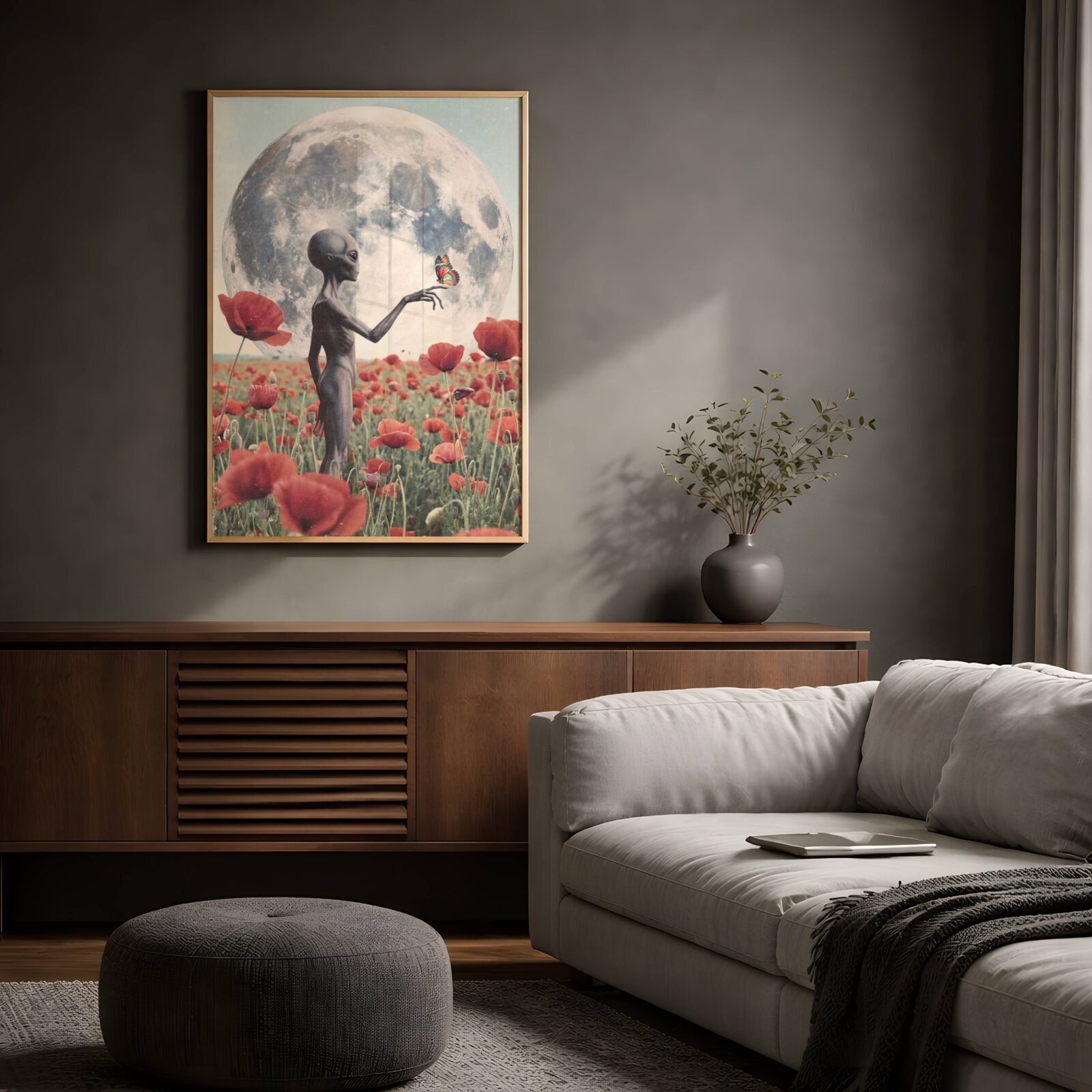 Warm romantic retro sci-fi artwork of a grey alien standing among red poppies beneath a huge full moon, a butterfly resting trustingly on one extended finger in a quietly extraordinary moment – unframed dreamy alien art poster, ufoposter.com