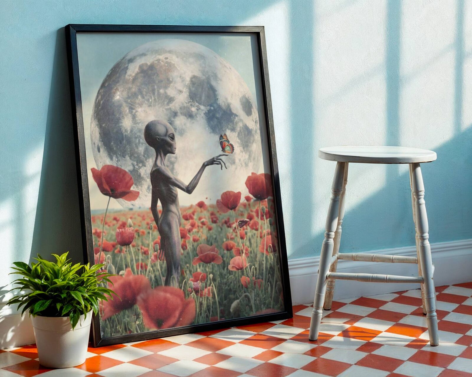 Richly atmospheric dreamy retro portrait of a grey alien holding a butterfly in a glowing red poppy field beneath an enormous silver moon — a warm and visually stunning sci-fi wall decor print perfect for living room walls – unframed retro alien wall poster for living room, ufoposter.com