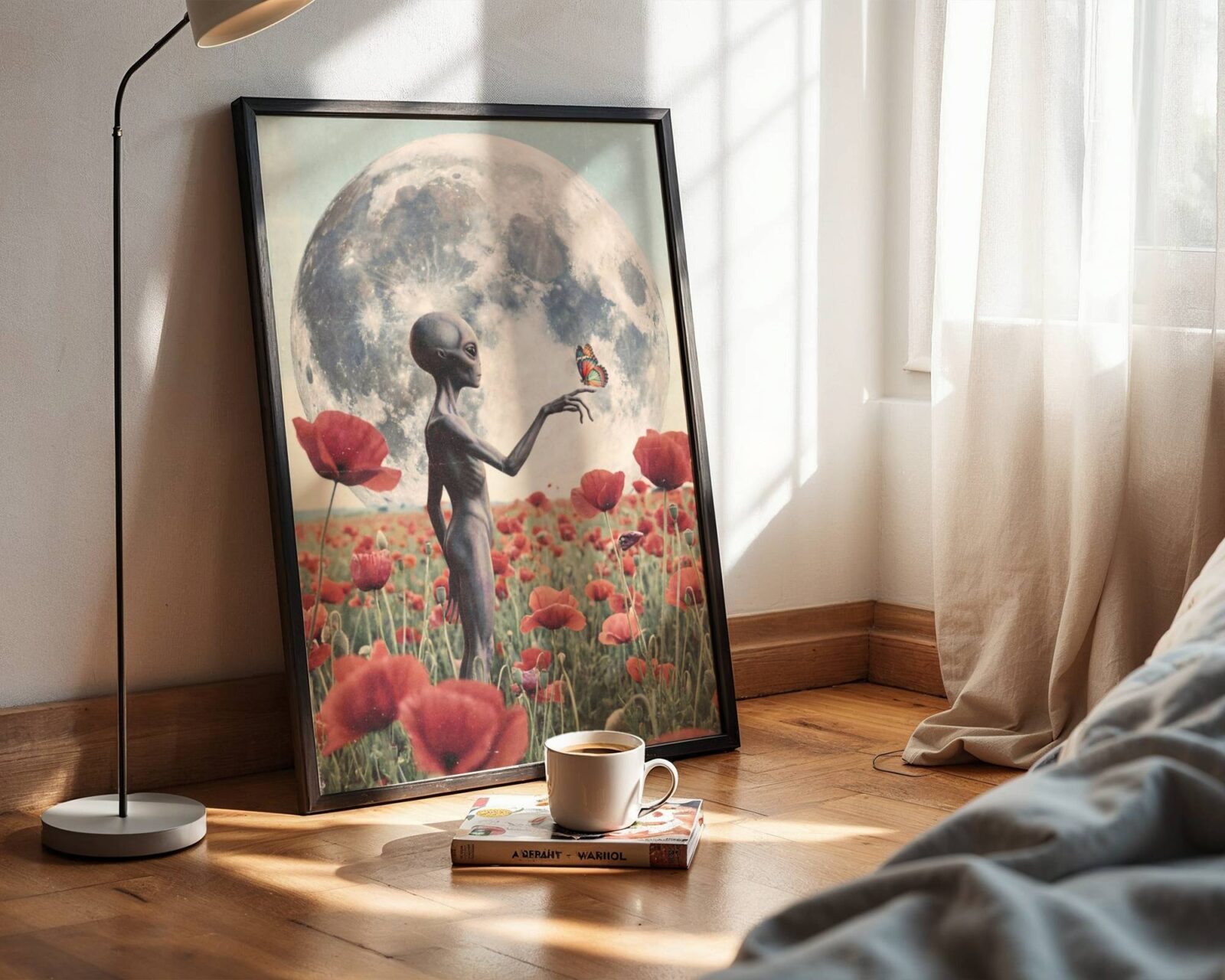 Beautifully atmospheric dreamy retro artwork of a grey alien gently holding a colourful butterfly in a vast red poppy field beneath an enormous silver moon in soft pale blue light – unframed romantic alien wall poster, ufoposter.com