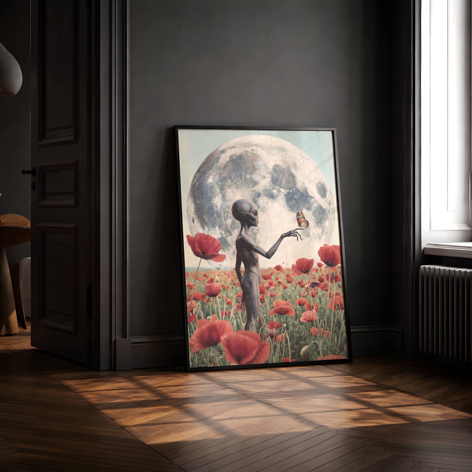 Deeply dreamy retro artwork of a grey alien in a vast red poppy field beneath an impossibly large full moon, one finger extended toward a vivid butterfly in a beautifully surreal and romantic sci-fi scene – unframed retro sci-fi wall poster, ufoposter.com