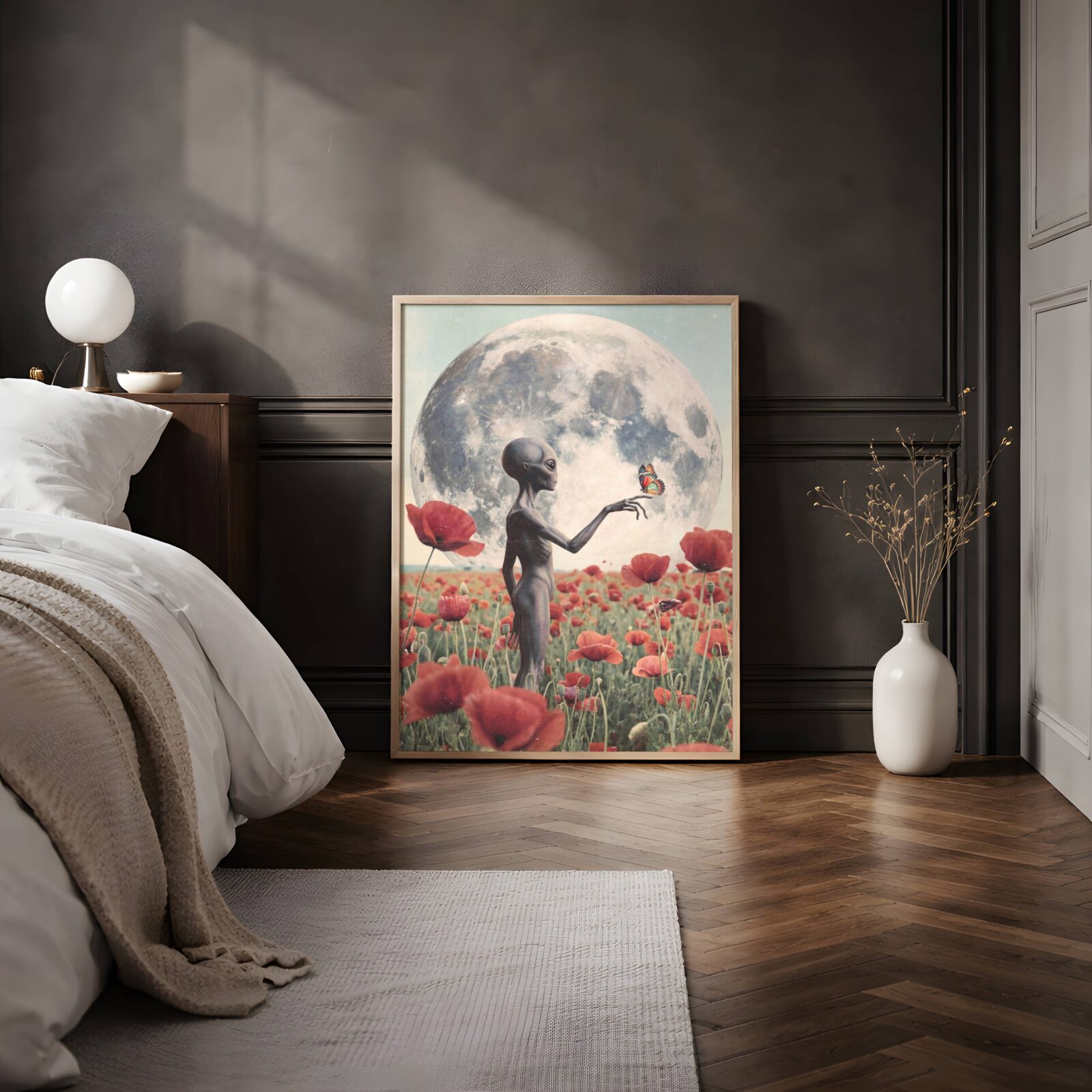 Beautifully atmospheric retro artwork of a grey alien extending a finger toward a butterfly in a vast poppy field beneath a luminous full moon — a warm, dreamy and gently surreal alien wall art print perfect for bedroom decor – unframed retro alien bedroom poster, ufoposter.com