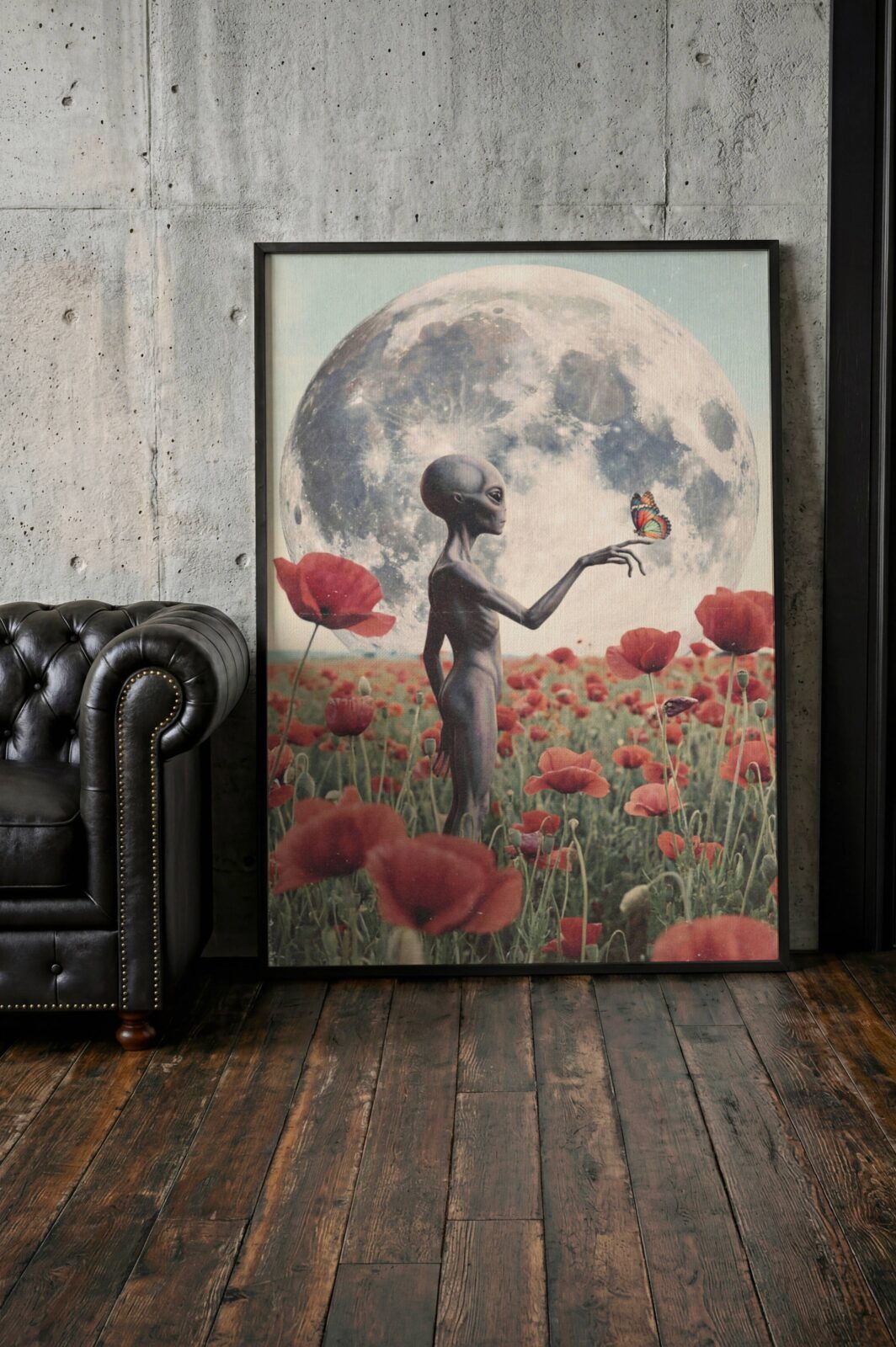 Bold dreamy retro sci-fi artwork of a grey alien extending a finger toward a colourful butterfly in a vast red poppy field beneath a luminous full moon — a uniquely romantic and beautiful alien art print that makes an instant statement in any living room – unframed retro sci-fi living room poster, ufoposter.com
