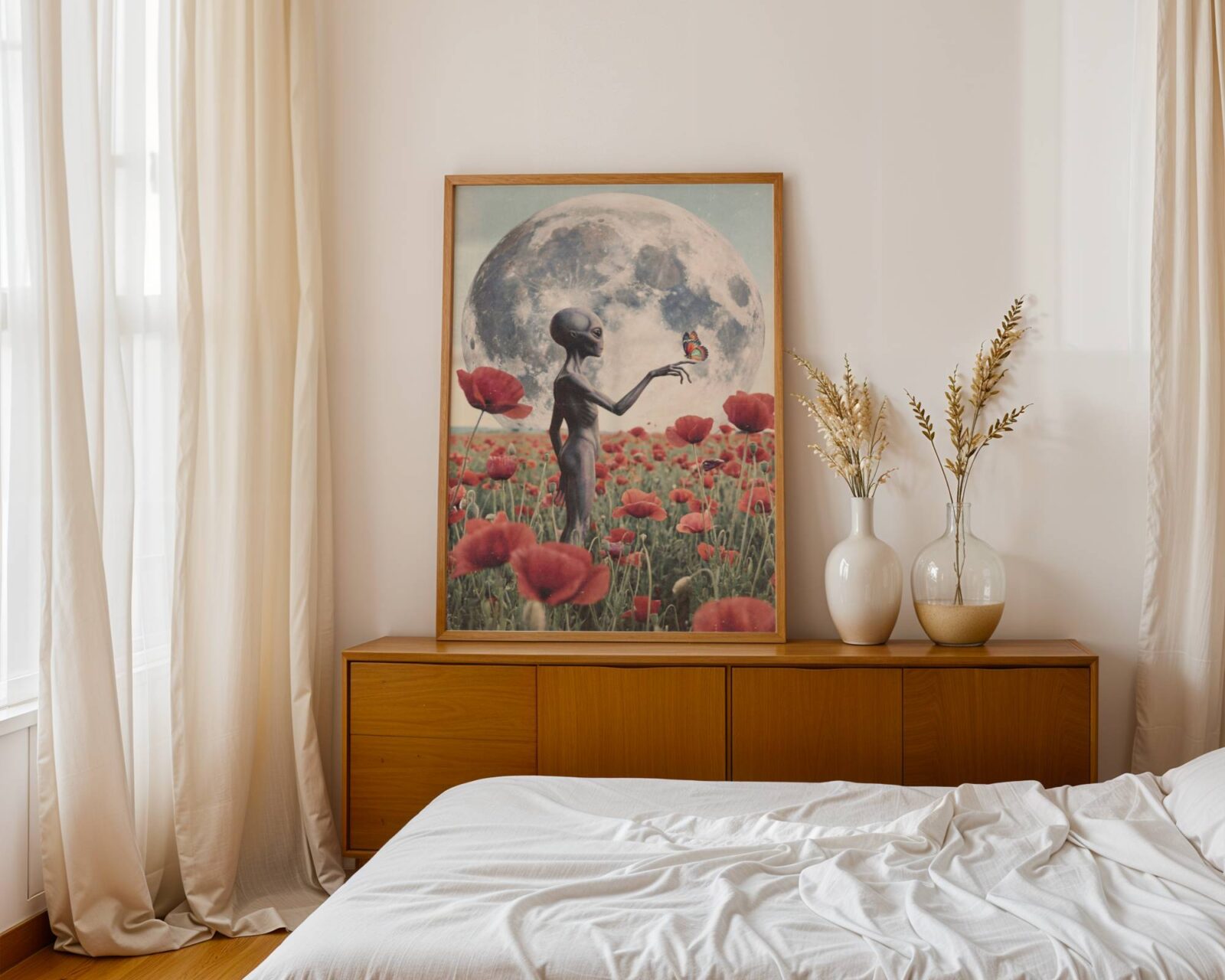 Softly cinematic retro portrait of a grey alien in a red poppy field beneath an enormous full moon, a butterfly resting on one outstretched finger in warm dreamy light — a romantic and distinctive sci-fi wall decor print perfect for bedroom walls – unframed retro alien art poster for bedroom, ufoposter.com