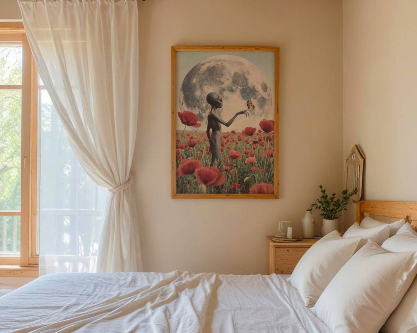 Deeply romantic retro sci-fi artwork of a grey alien standing among vibrant red poppies beneath a huge silver moon, a colourful butterfly balanced delicately on one long finger — a uniquely beautiful alien art print for bedroom walls – unframed dreamy alien bedroom poster, ufoposter.com