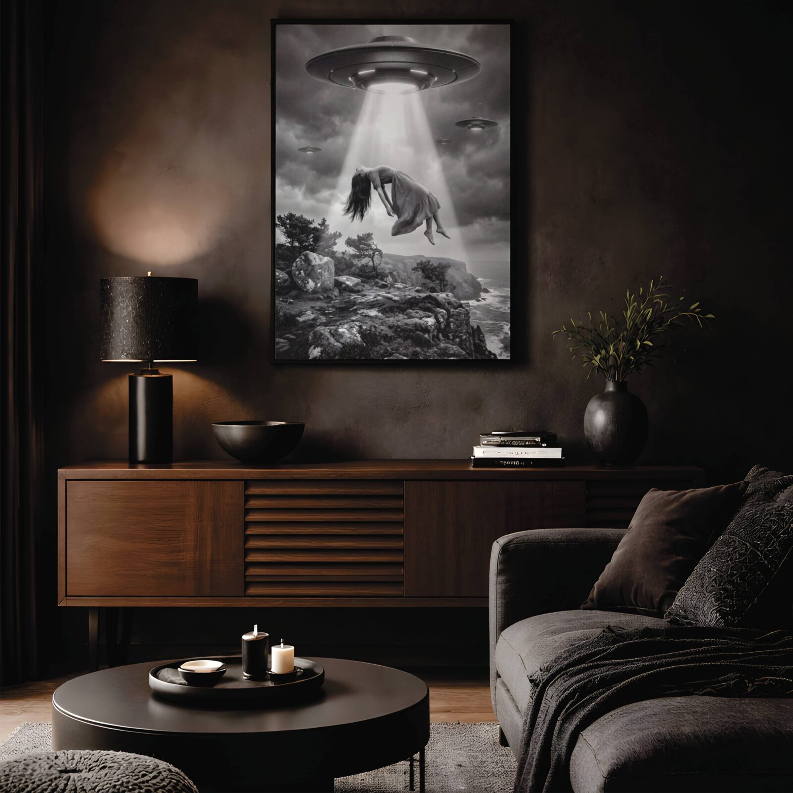 Moody black and white cinematic artwork of a woman in a dress being lifted by a massive UFO beam from a dramatic rocky coastline, long hair streaming downward as two more spacecraft drift through heavy storm clouds above — distinctive dark living room wall art – unframed dark sci-fi art for living room, ufoposter.com