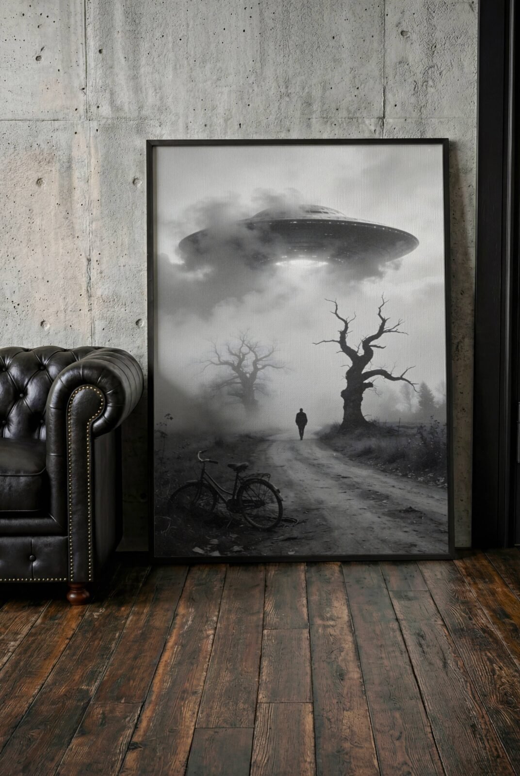 Deeply moody black and white artwork of an abandoned bicycle left on a desolate country path as its owner walks alone into thick fog toward a massive glowing spacecraft descending from stormy skies above bare winter trees – unframed dark sci-fi art poster, ufoposter.com