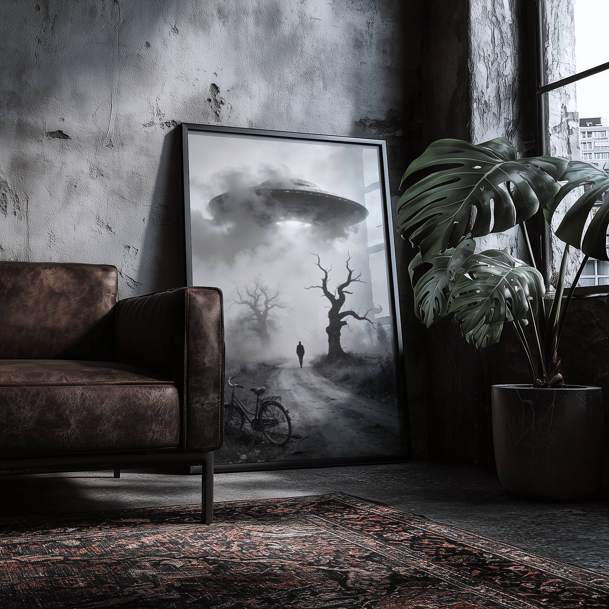 Unsettling atmospheric black and white landscape of a lone figure compelled down a misty dirt road flanked by twisted dead trees, an abandoned bicycle behind him and a giant illuminated UFO waiting ahead in the fog – unframed dark alien wall poster, ufoposter.com