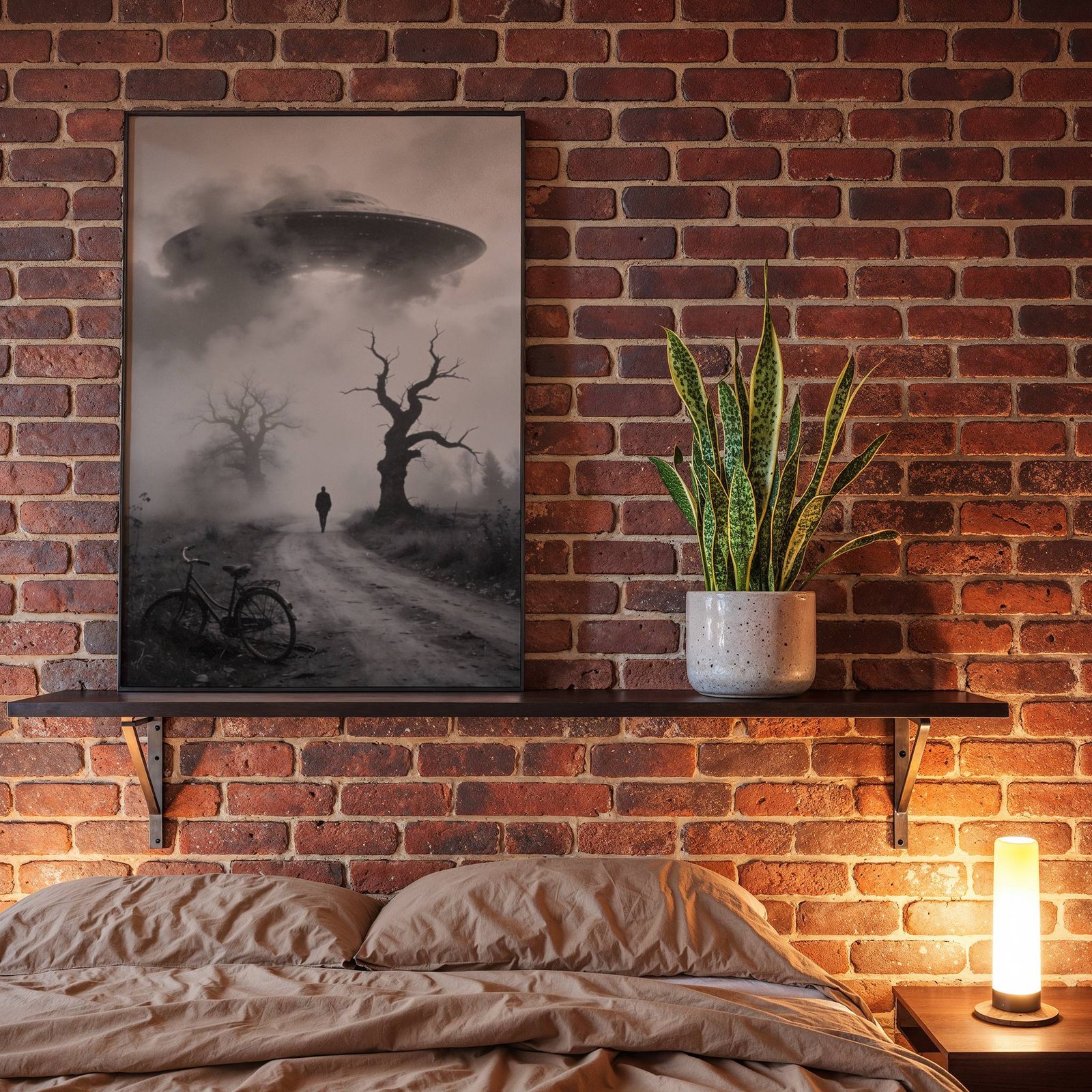 Chilling black and white cinematic artwork of a solitary silhouette trudging down a deserted foggy road past a fallen bicycle and gnarled dead trees, drawn irresistibly toward a colossal UFO materialising through the mist – unframed dark alien wall poster, ufoposter.com