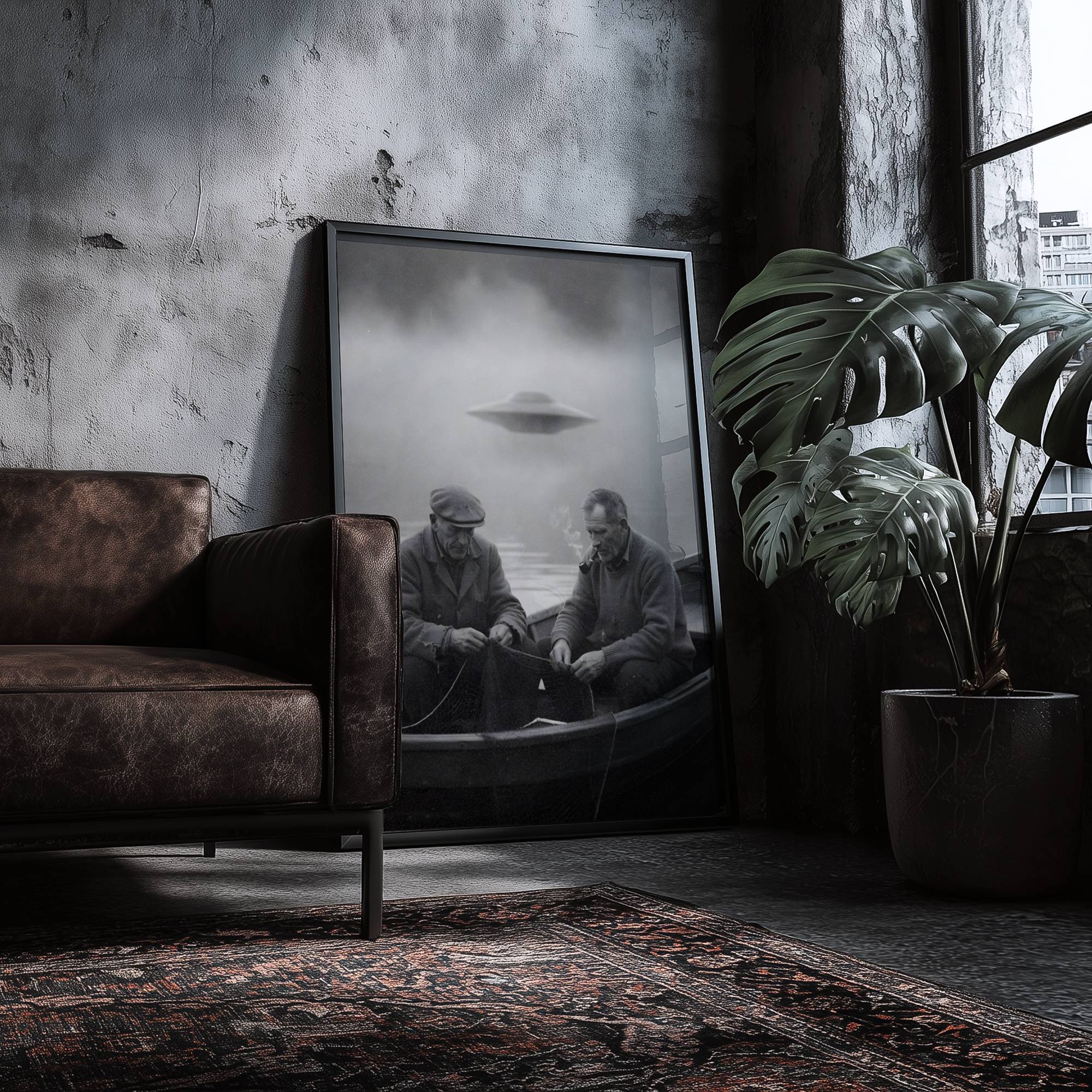 Haunting vintage black and white artwork of two old fishermen mending nets in a rowboat, completely unaware of a massive UFO emerging silently from the fog behind them – unframed dark alien wall poster, ufoposter.com