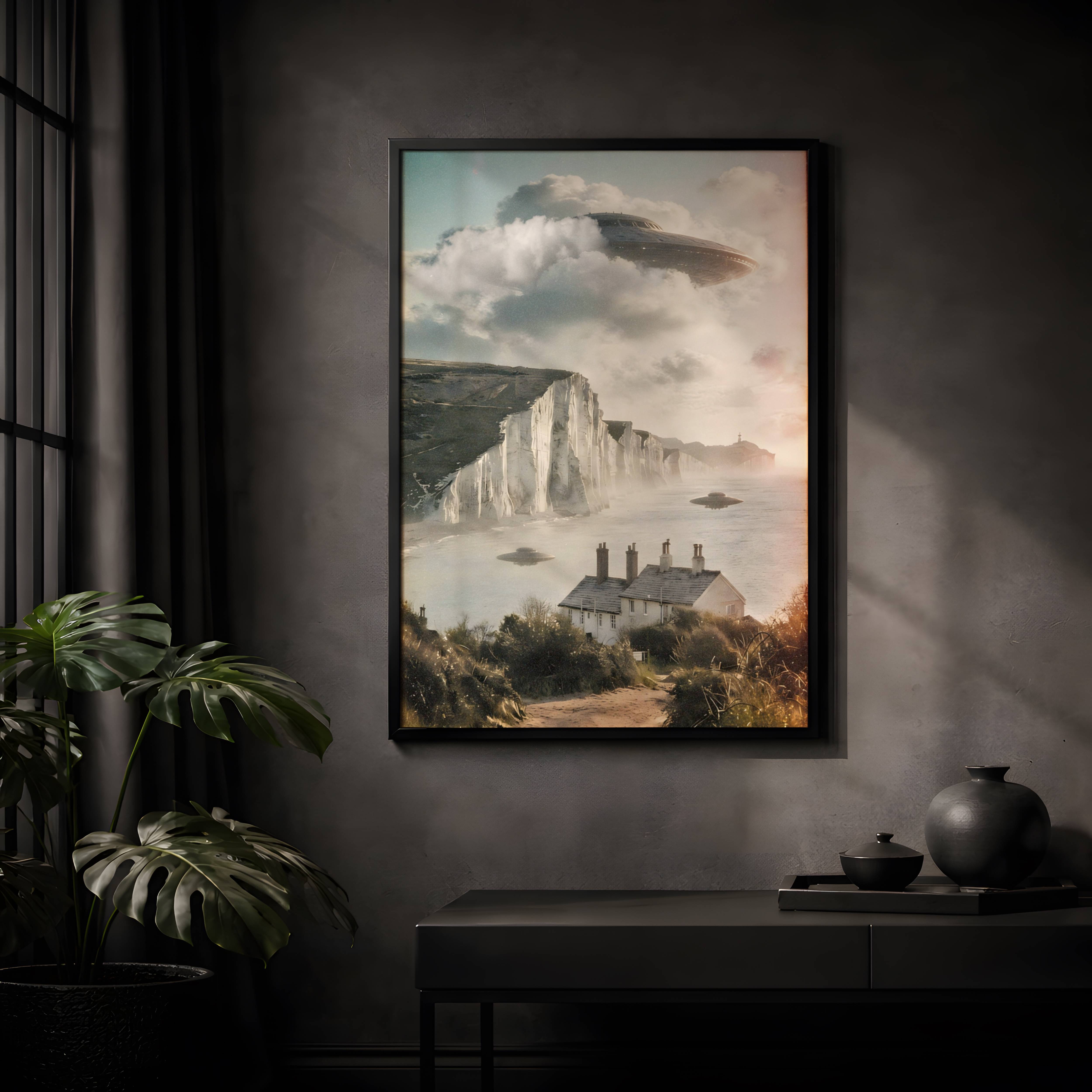 Cinematic retro artwork of three UFOs hovering over the iconic Seven Sisters white chalk cliffs on the Sussex coast, warm golden light falling across the misty Channel and clifftop cottages below – unframed sci-fi art poster, ufoposter.com