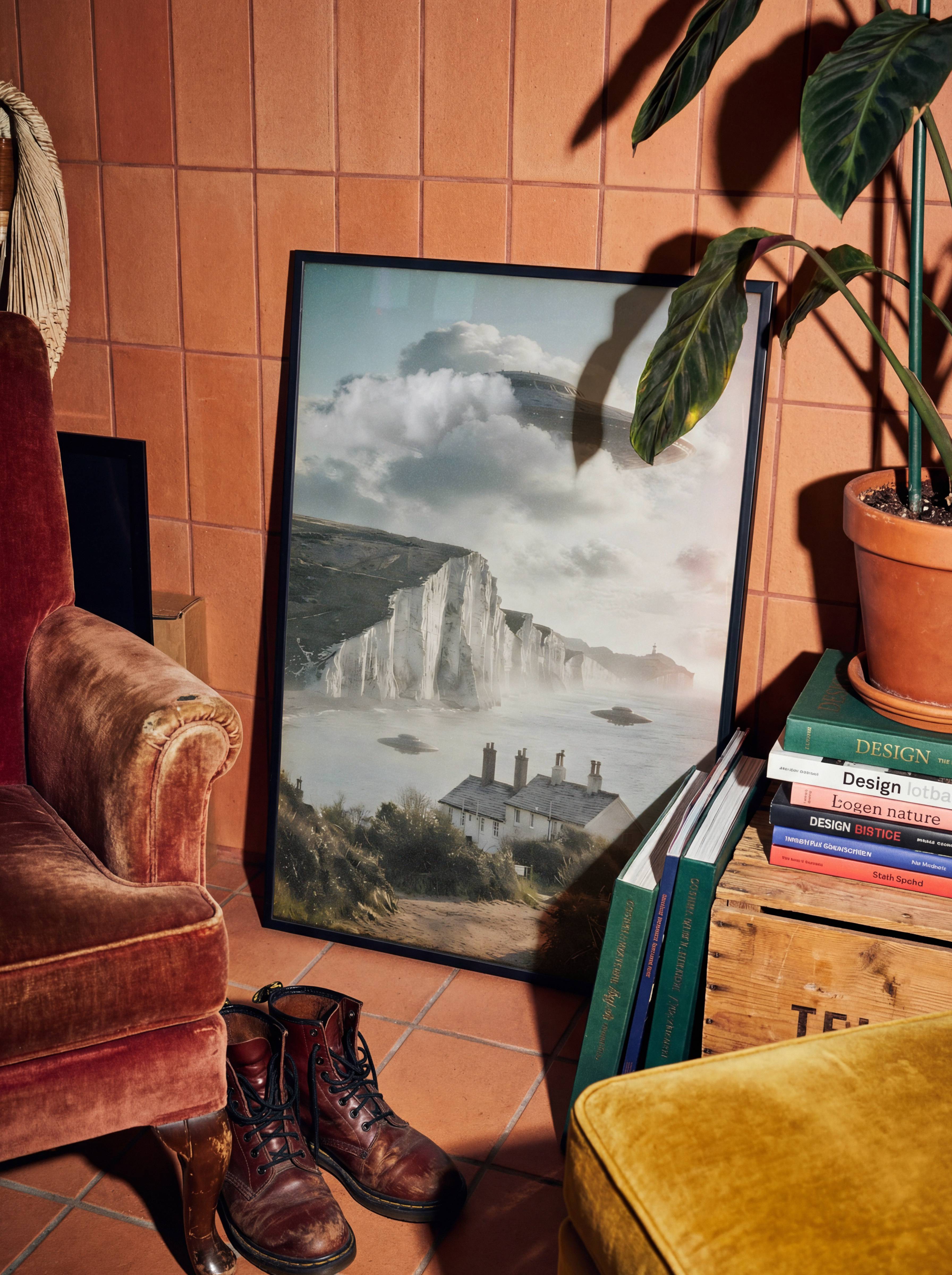 Breathtaking retro landscape of the iconic Seven Sisters white cliffs bathed in golden coastal light, three UFOs hovering silently above the Sussex shoreline in a cinematic and quietly surreal sci-fi scene – unframed vintage alien art poster for living room, ufoposter.com