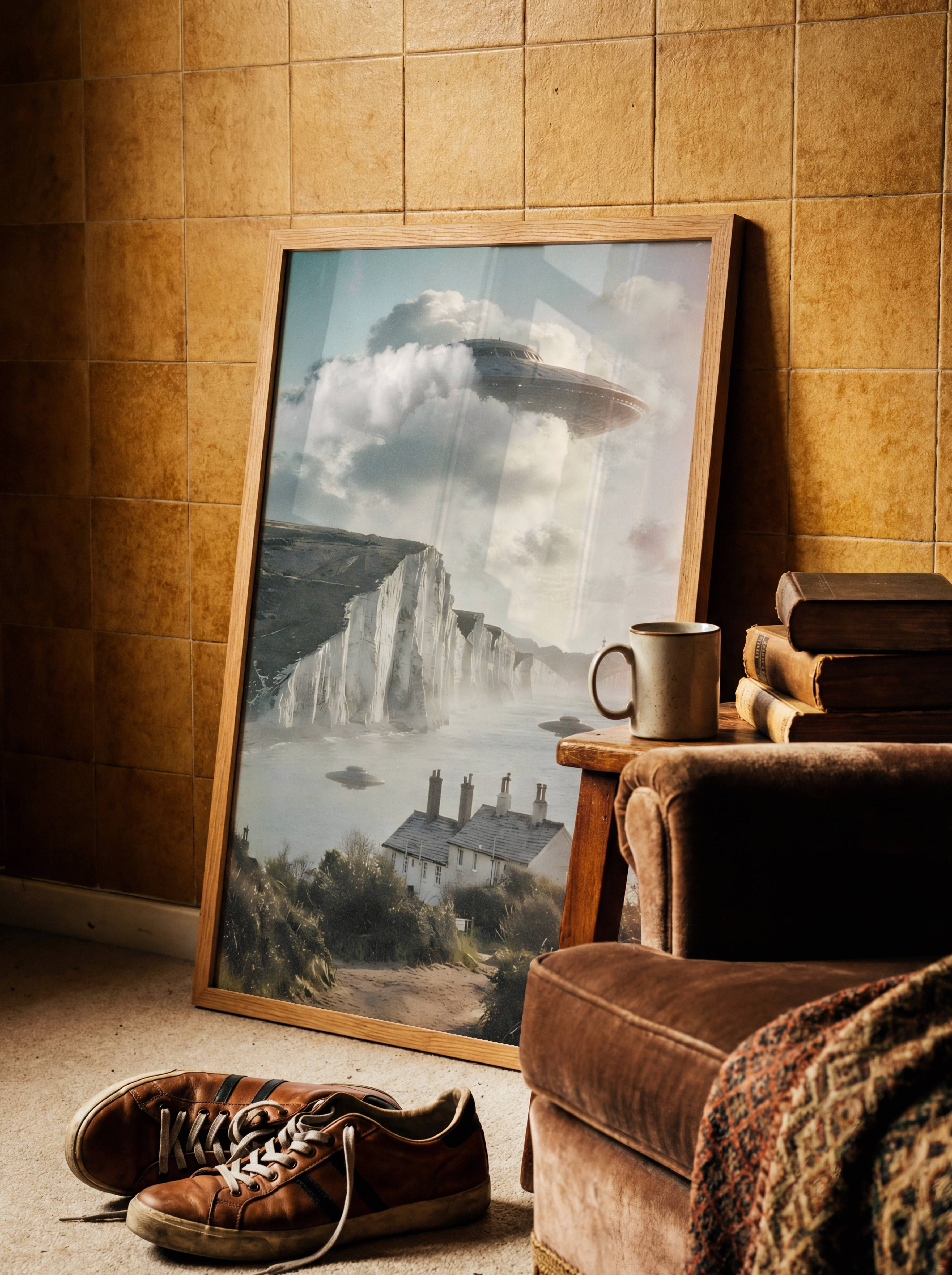Atmospheric warm-toned retro artwork of a colossal UFO breaking through billowing clouds above the Seven Sisters chalk cliffs, two smaller craft drifting over the misty Channel below and peaceful English cottages in the foreground – unframed retro UFO art poster for living room, ufoposter.com
