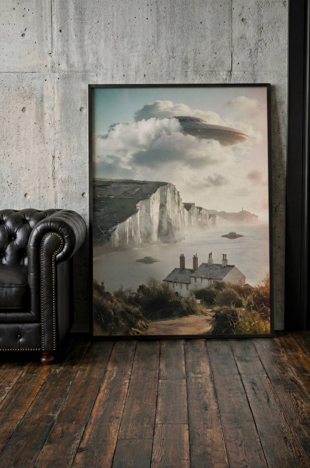 Warm vintage-toned retro artwork of a massive UFO emerging from clouds above the Seven Sisters chalk cliffs in Sussex with two smaller craft hovering over the Channel and English coastal cottages in the foreground – unframed retro alien wall poster, ufoposter.com