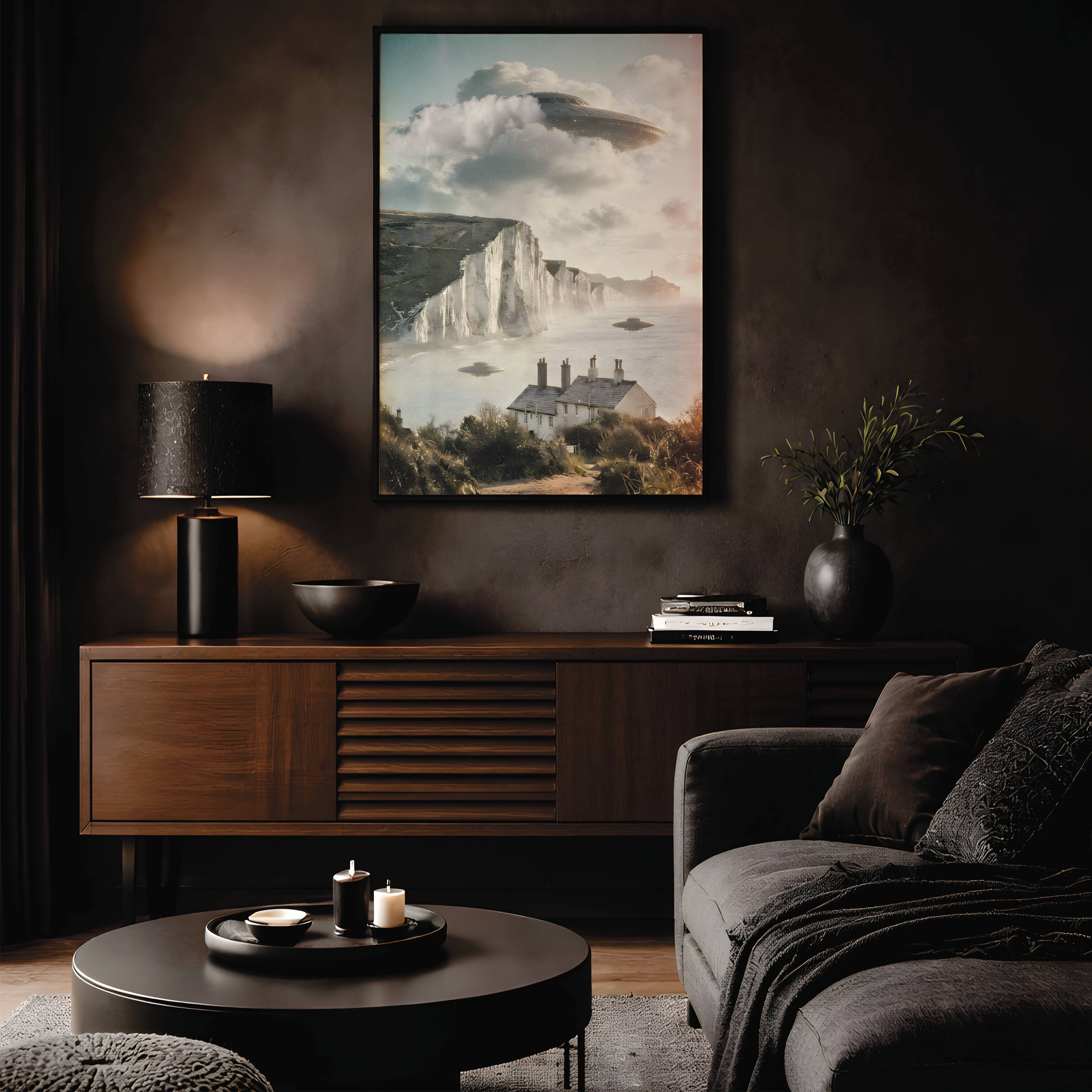 Warm cinematic retro artwork of a giant UFO above the iconic Seven Sisters chalk cliffs and Sussex coastline — a stunning and unique English landscape sci-fi art print perfect for living room decor – unframed retro UFO poster for living room, ufoposter.com