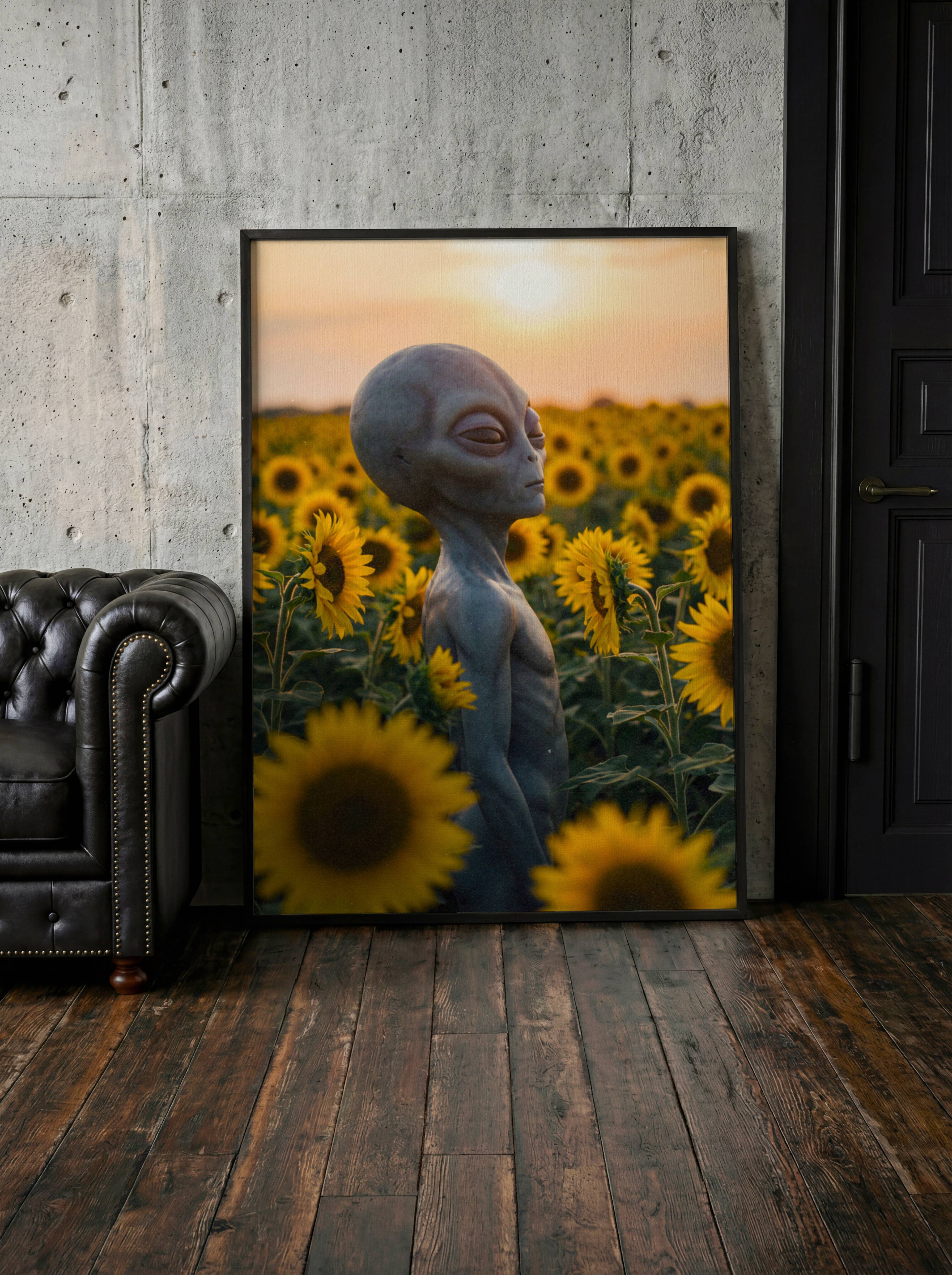 Richly atmospheric warm retro portrait of a grey alien rising serenely above a sea of golden sunflowers at dusk, face tilted peacefully toward a glowing amber sky — a uniquely calming and beautiful sci-fi wall decor print perfect as a living room statement piece – unframed retro alien wall poster for living room, ufoposter.com