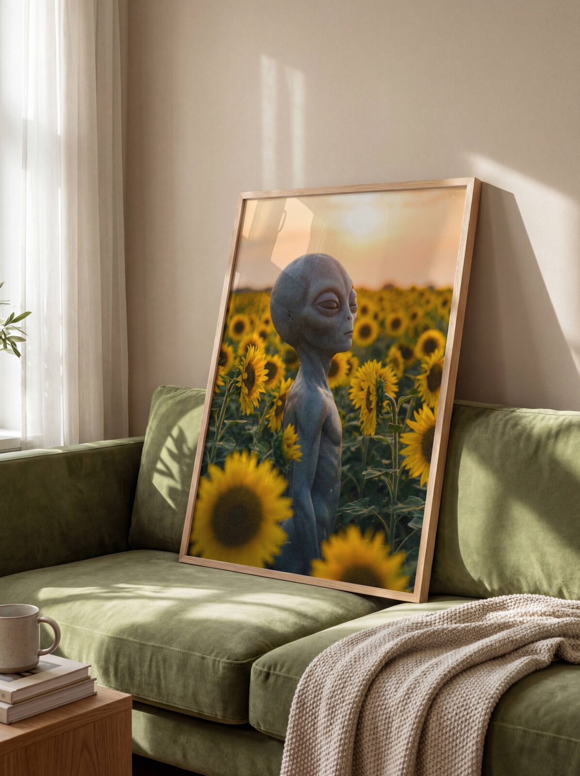 Angled warm golden retro shot of a grey alien rising above a sea of sunflowers in a vast field, face tilted toward a soft amber sunset sky in a quietly cinematic and peaceful sci-fi scene – unframed retro sci-fi wall poster, ufoposter.com