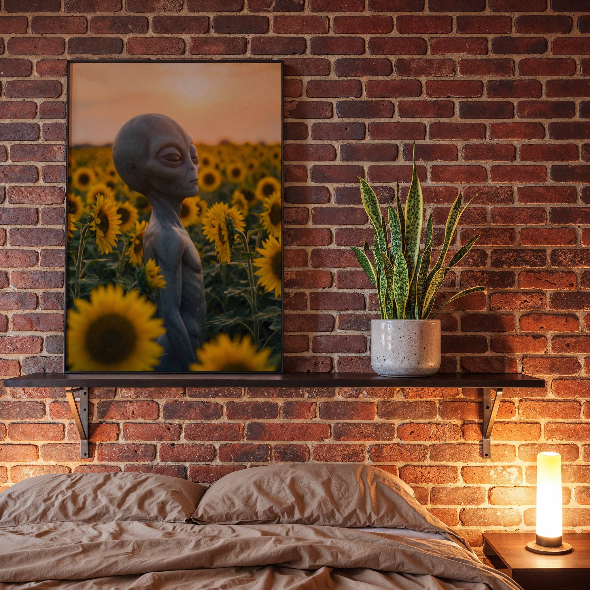 Softly glowing warm retro artwork of a grey alien standing alone in a vast sunflower field at golden hour, eyes half-closed in quiet contentment beneath a peach and amber sunset sky — a serene and deeply beautiful alien art print perfect for creating warmth and calm in bedroom decor – unframed retro alien bedroom poster, ufoposter.com